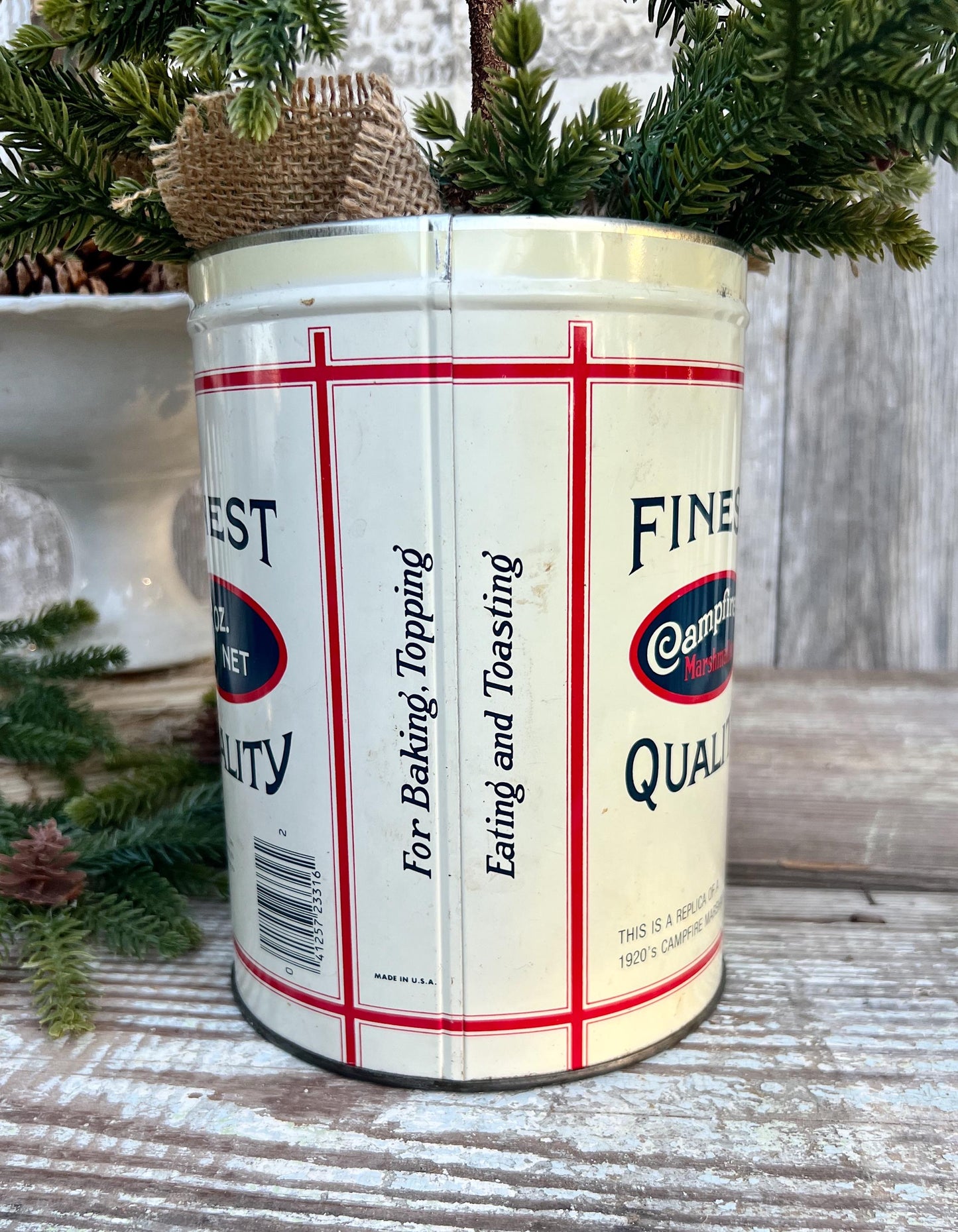 Vintage CAMPFIRE MARSHMALLOWS Tin Can Red White Blue Farmhouse Decor Industrial Salvage Christmas Decor 16 oz