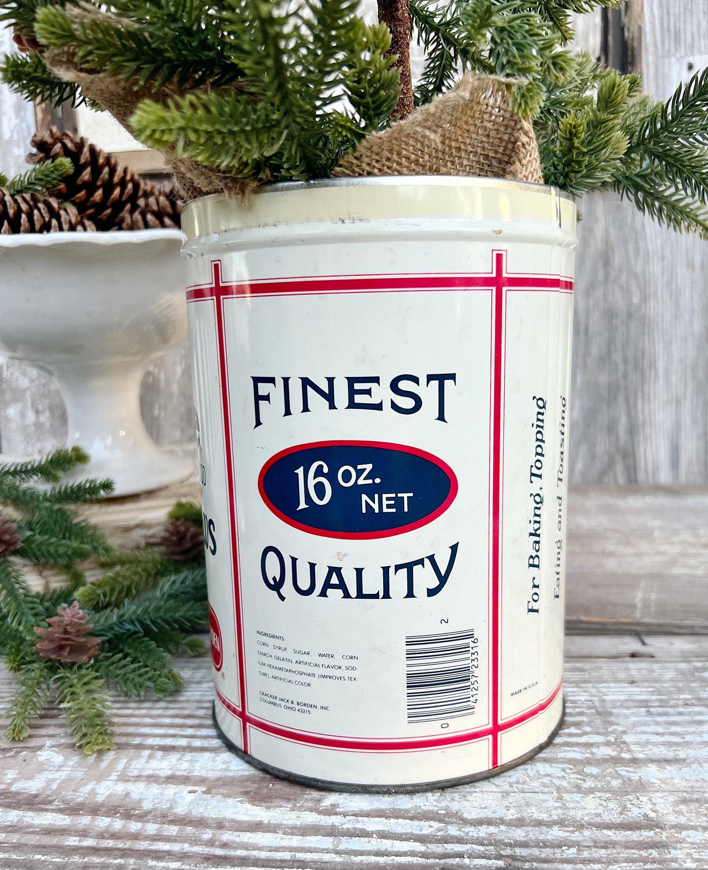 Vintage CAMPFIRE MARSHMALLOWS Tin Can Red White Blue Farmhouse Decor Industrial Salvage Christmas Decor 16 oz