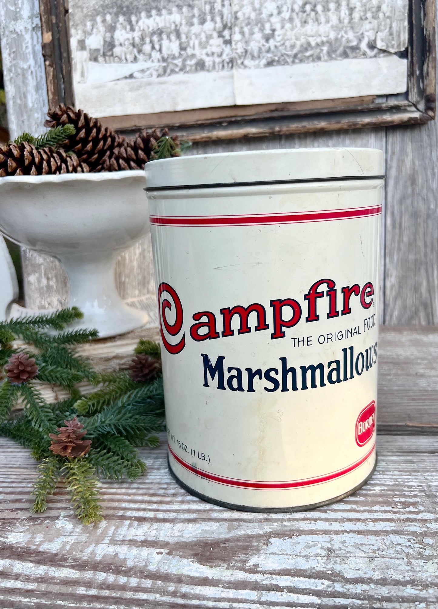 Vintage CAMPFIRE MARSHMALLOWS Tin Can Red White Blue Farmhouse Decor Industrial Salvage Christmas Decor 16 oz