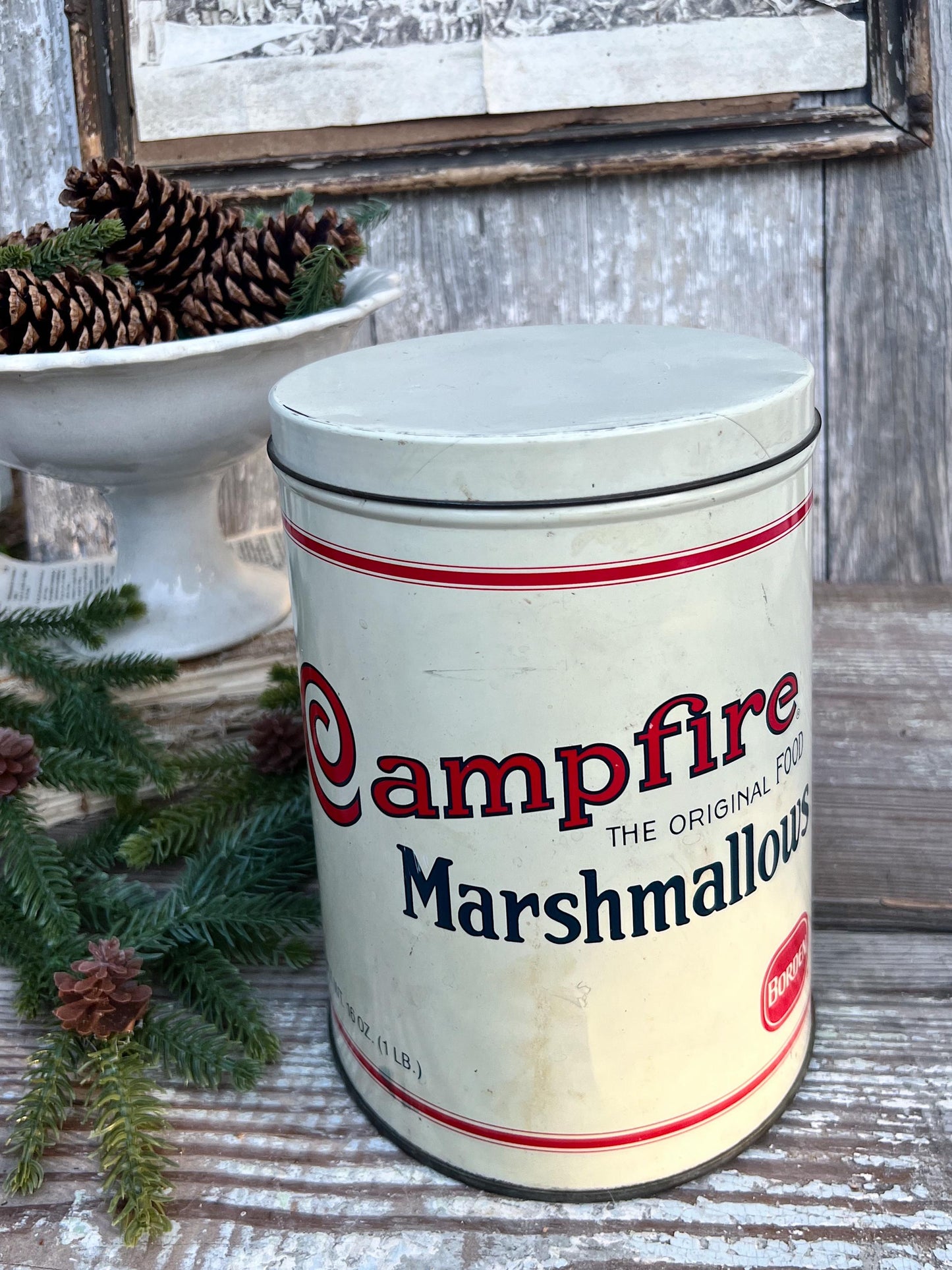 Vintage CAMPFIRE MARSHMALLOWS Tin Can Red White Blue Farmhouse Decor Industrial Salvage Christmas Decor 16 oz