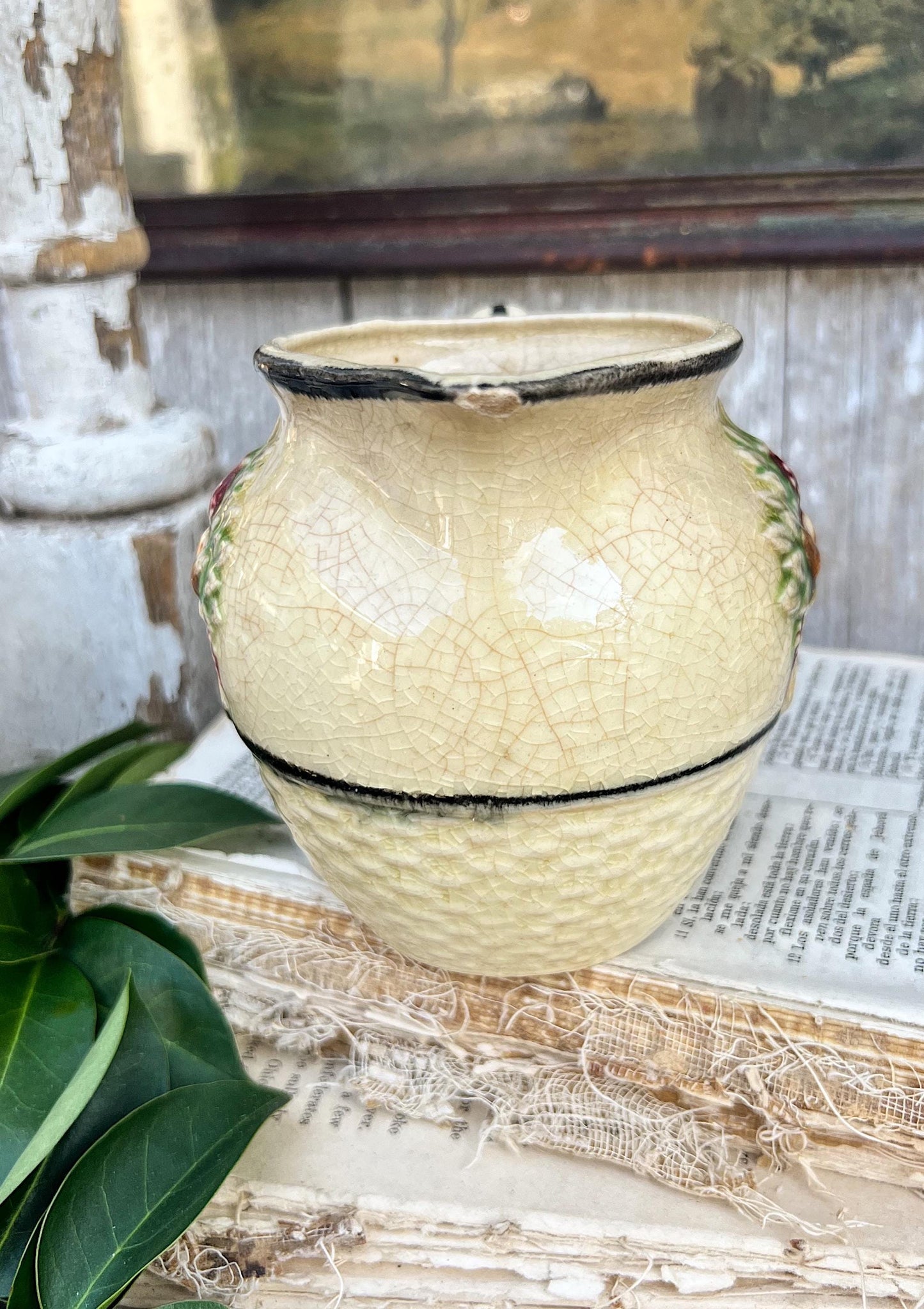 Antique MAJOLICA Creamer Ironstone Pitcher Embossed French Country Farmhouse Decor Crazed JAPAN Fruit Basket