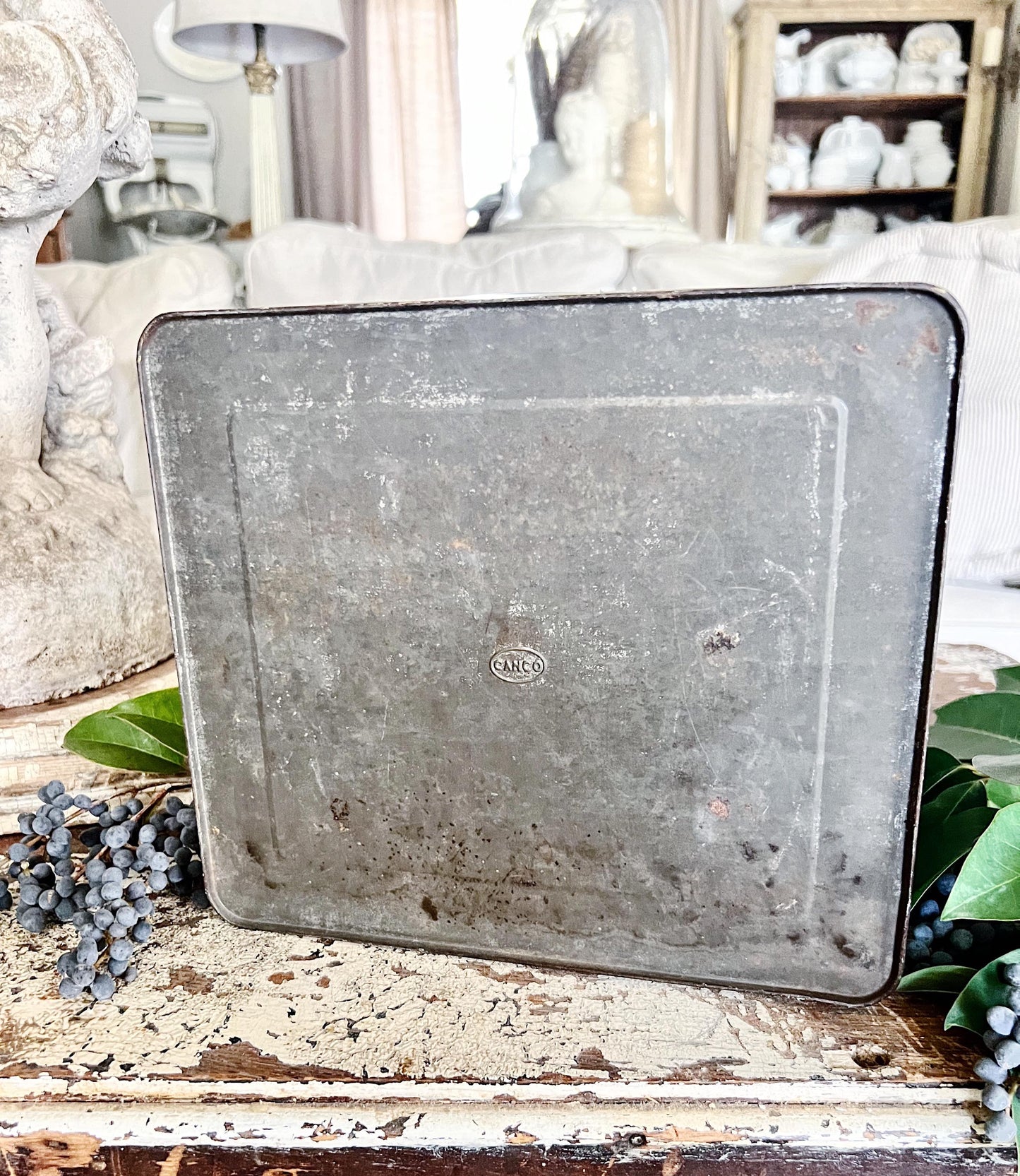 Antique Fairy Soda Fine Crackers Can Tin Canister Metal Box with Lid Vintage Farmhouse Decor Blue Box Gar Iten Biscuit Co Snow White Bakery