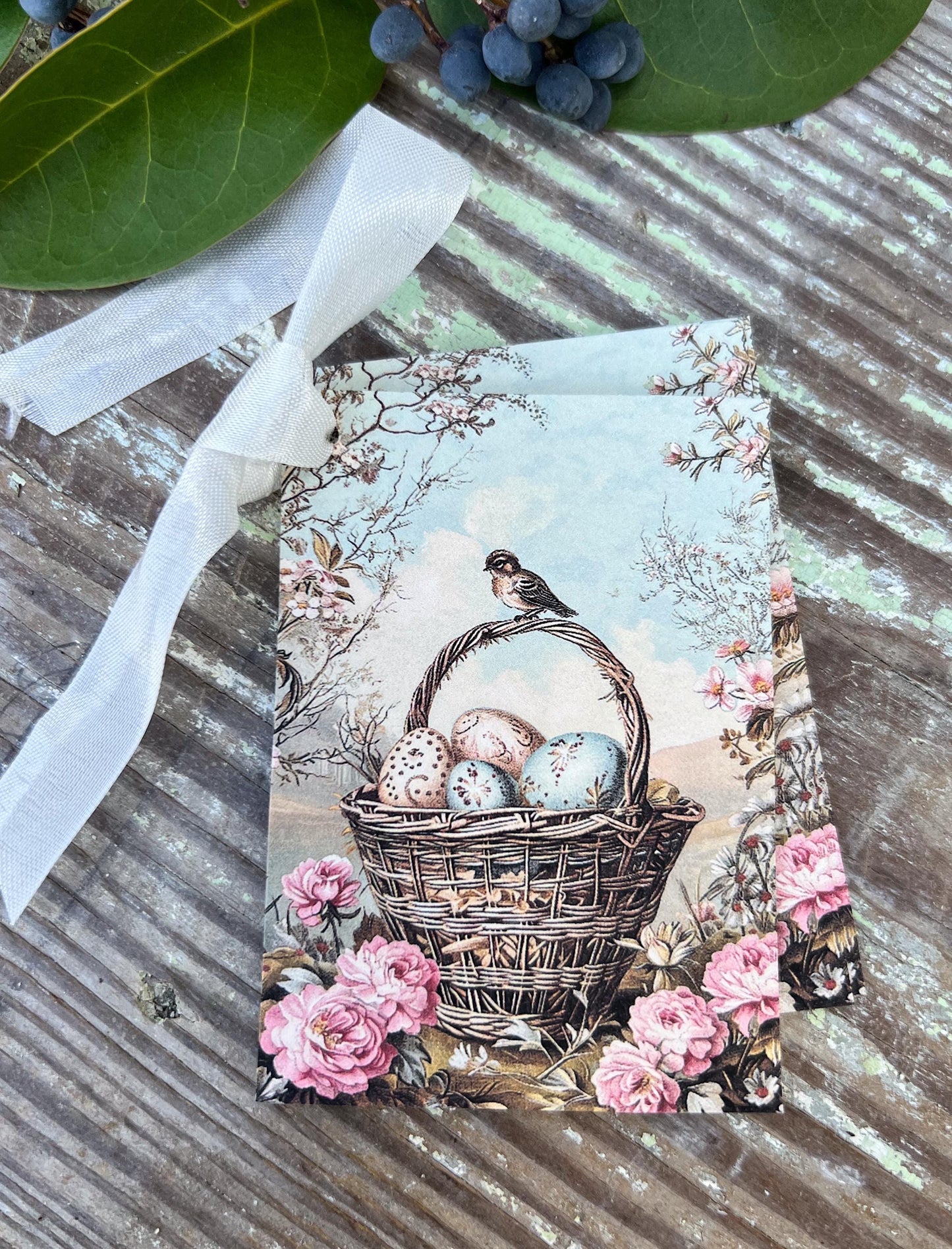 Easter BASKET with Bird Gift Tags Vintage French Farmhouse Decor Card Shabby SET OF 8