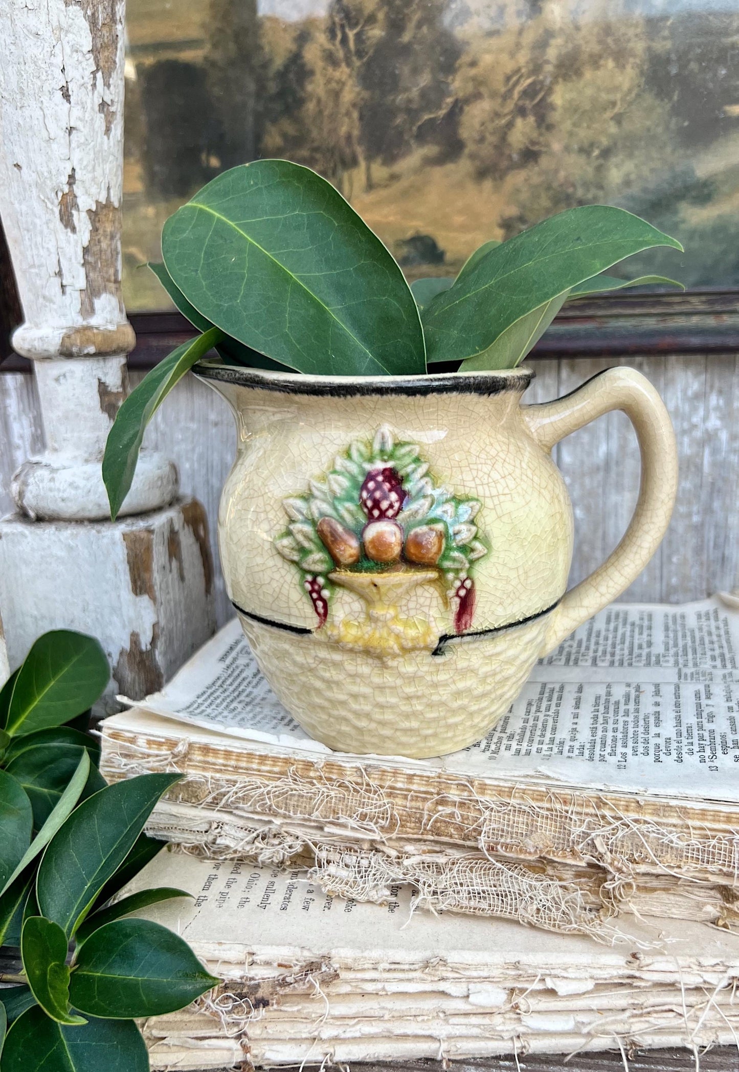 Antique MAJOLICA Creamer Ironstone Pitcher Embossed French Country Farmhouse Decor Crazed JAPAN Fruit Basket