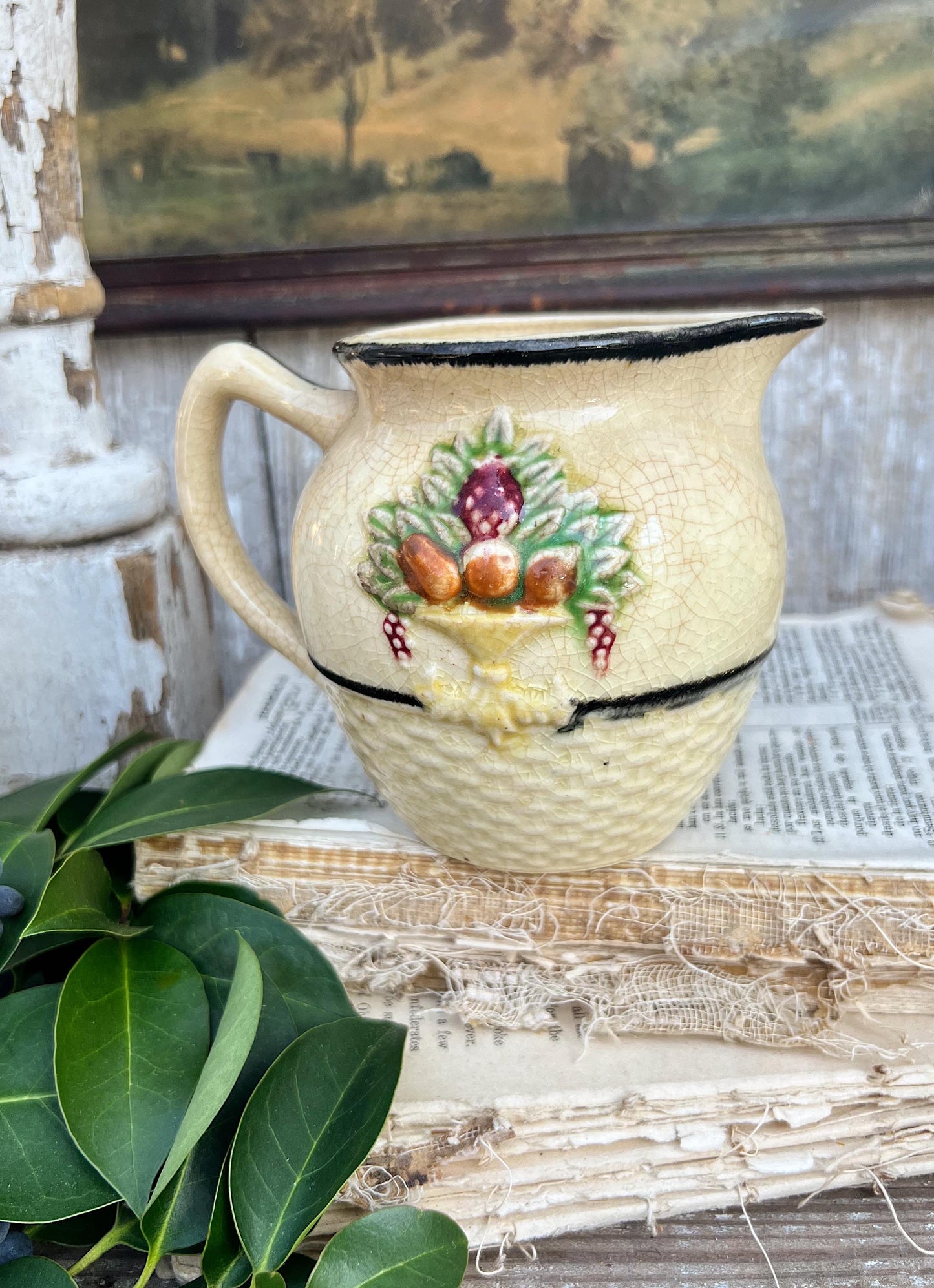 Antique MAJOLICA Creamer Ironstone Pitcher Embossed French Country Farmhouse Decor Crazed JAPAN Fruit Basket