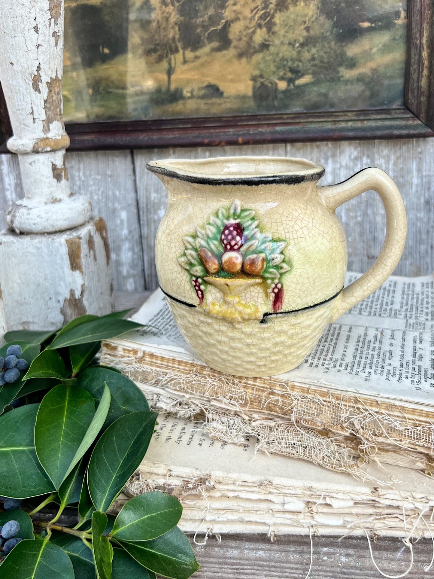 Antique MAJOLICA Creamer Ironstone Pitcher Embossed French Country Farmhouse Decor Crazed JAPAN Fruit Basket