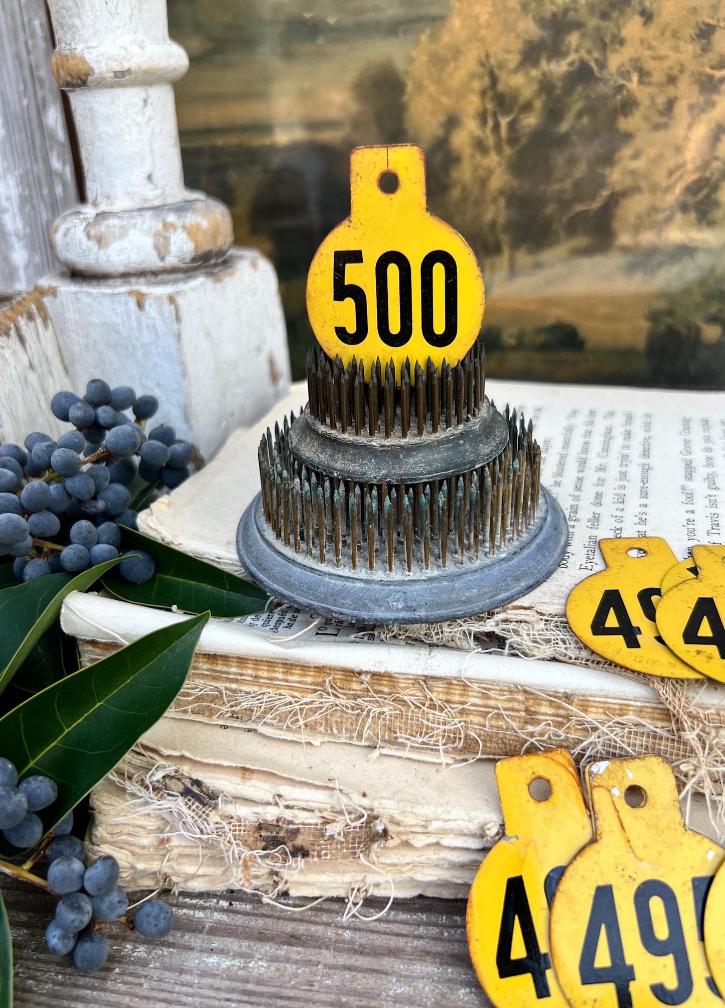 Vintage Metal Cow Tag Number YELLOW Black Industrial Ranch Farm Livestock Animal Farmhouse Decor 456- 500