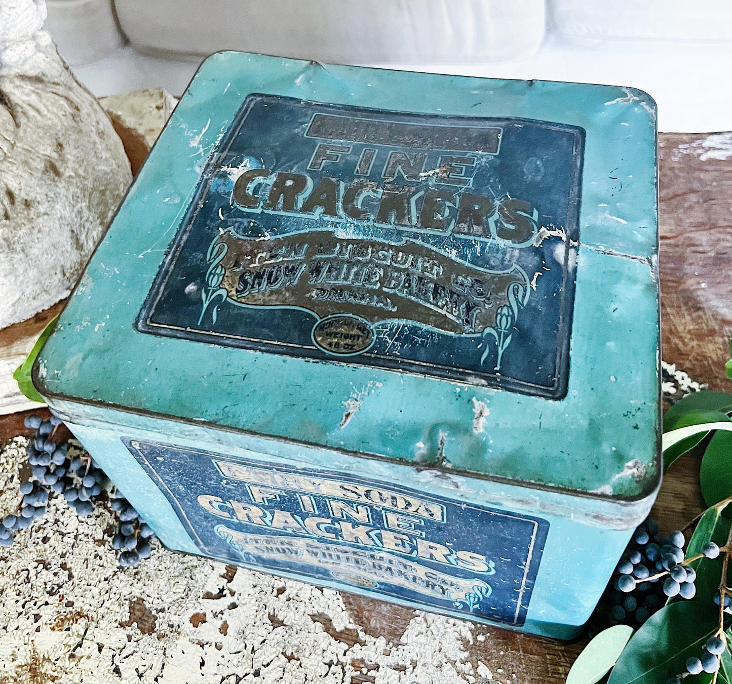 Antique Fairy Soda Fine Crackers Can Tin Canister Metal Box with Lid Vintage Farmhouse Decor Blue Box Gar Iten Biscuit Co Snow White Bakery
