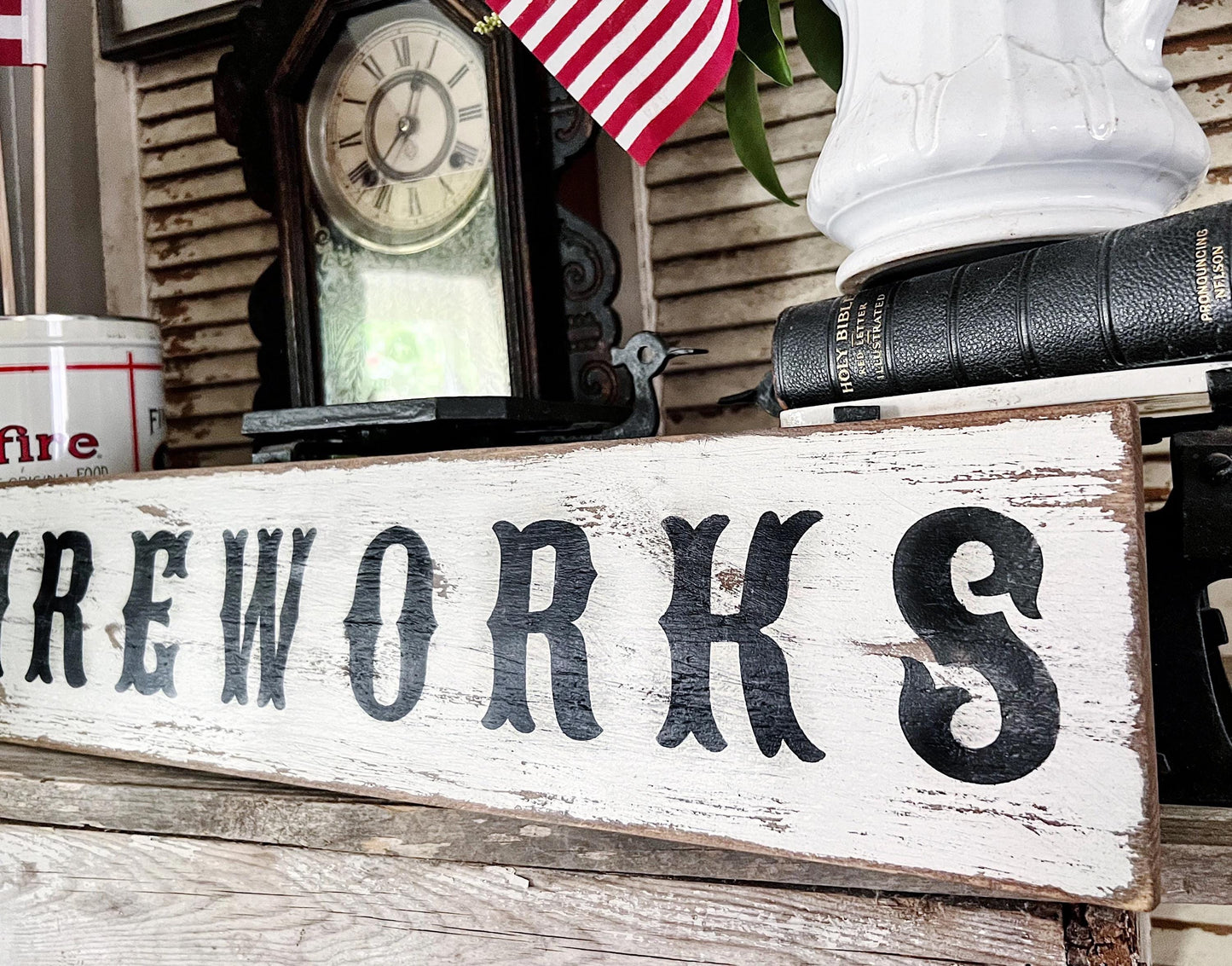 Fireworks Sign, Reclaimed Barn Wood, White Chippy Paint