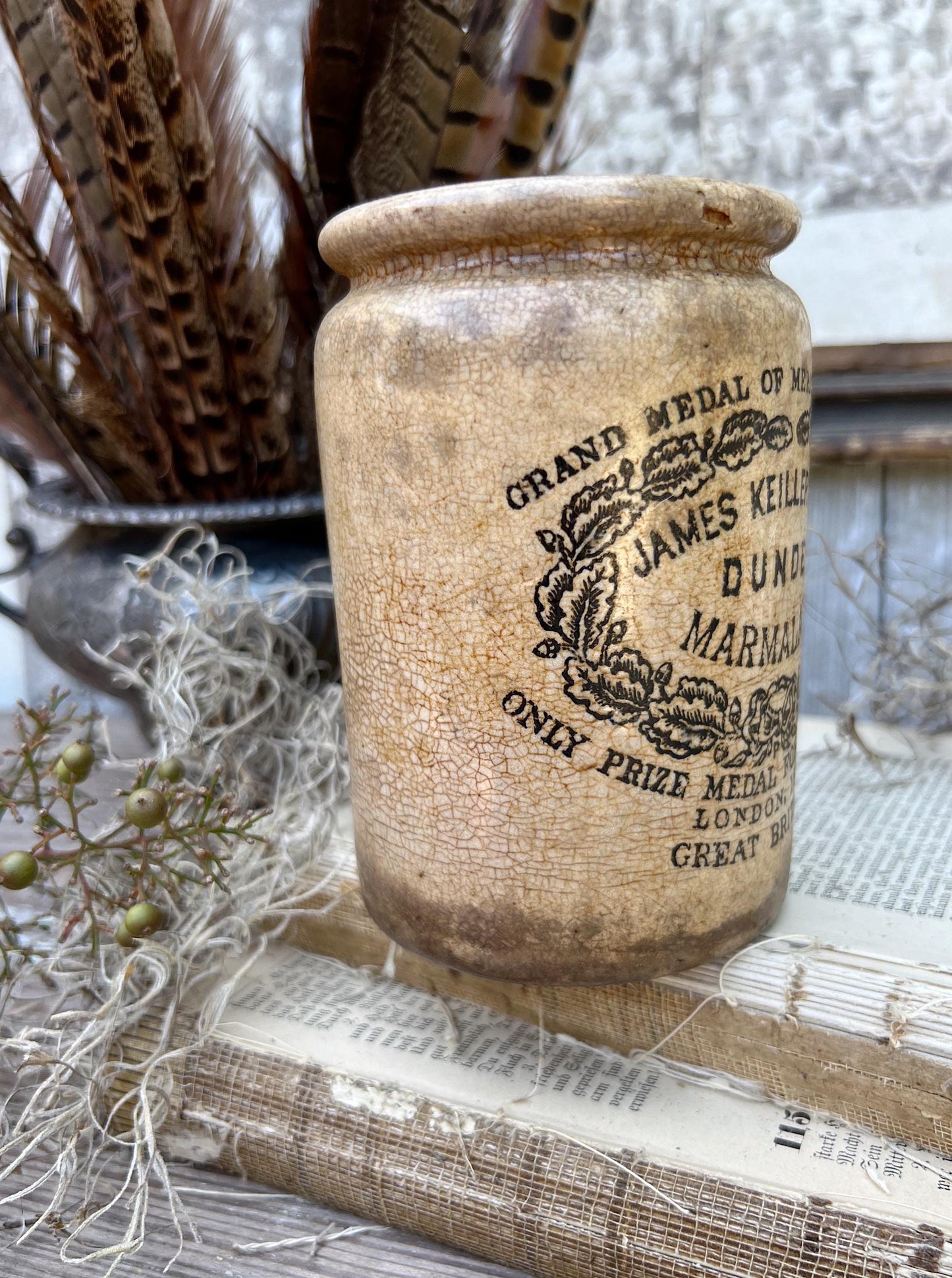 Antique Marmalade IRONSTONE Jar DUNDEE James Keiller Crock Rolled Rim 1 Pound 1862 MALING