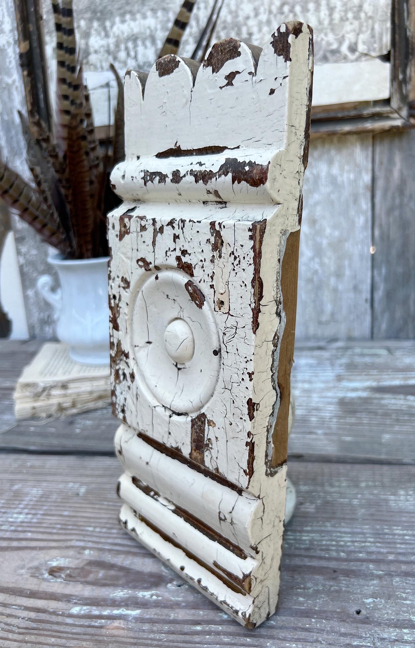 Antique EASTLAKE Plith CHIPPY WHITE Salvaged Pediment Architectural Wood Accent Trim Detail Reclaimed Farmhouse Rustic Decor