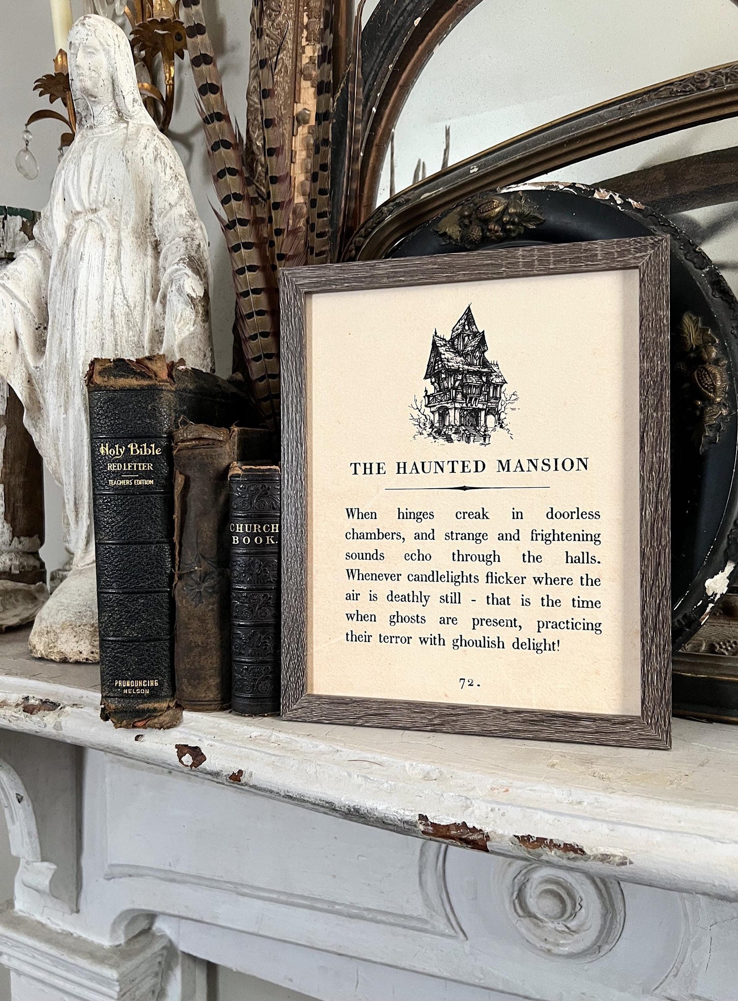 HAUNTED HOUSE MANSION Vintage Halloween Book Page Sign Wood Frame Primitive Fall Decor