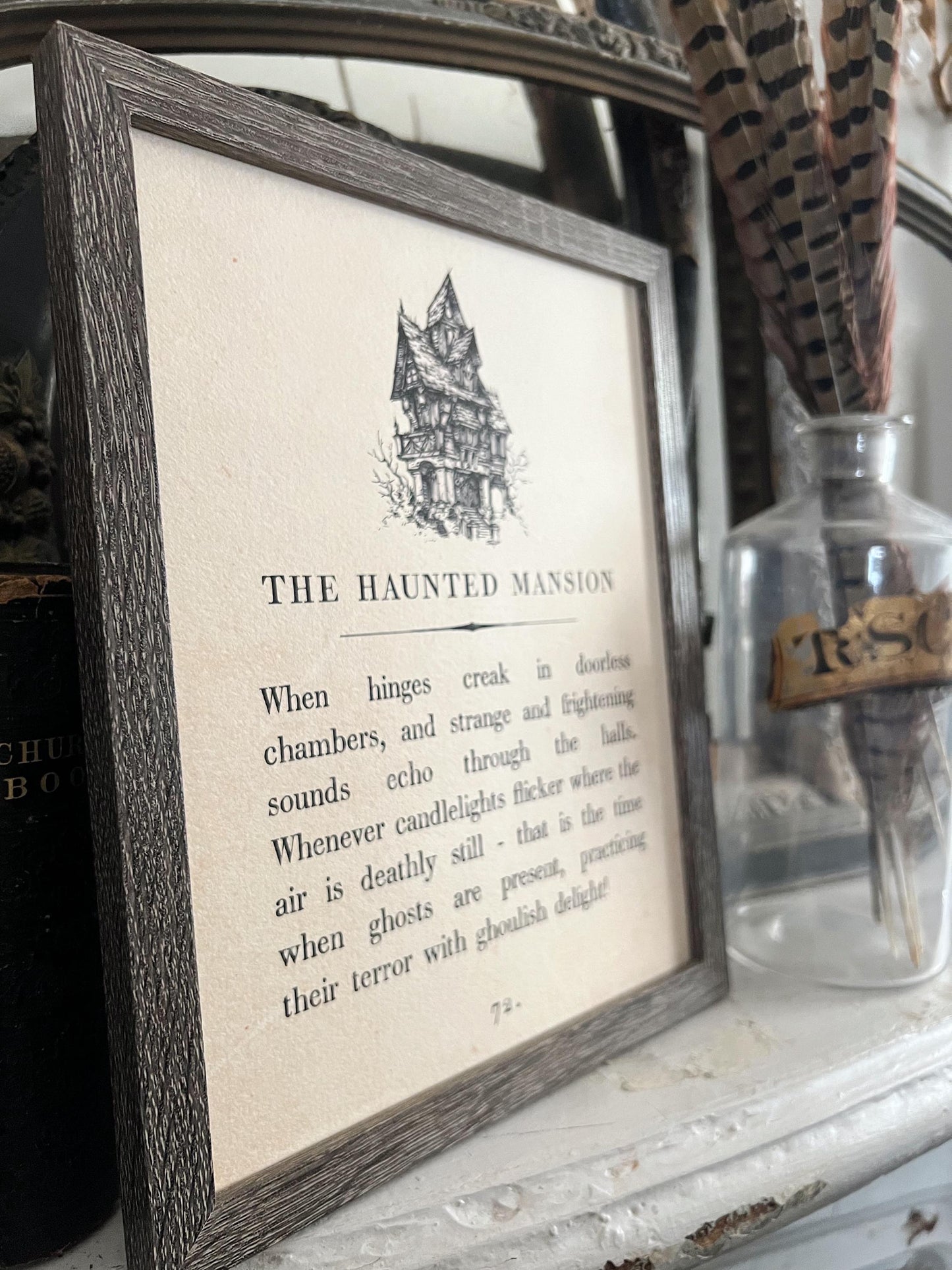 HAUNTED HOUSE MANSION Vintage Halloween Book Page Sign Wood Frame Primitive Fall Decor