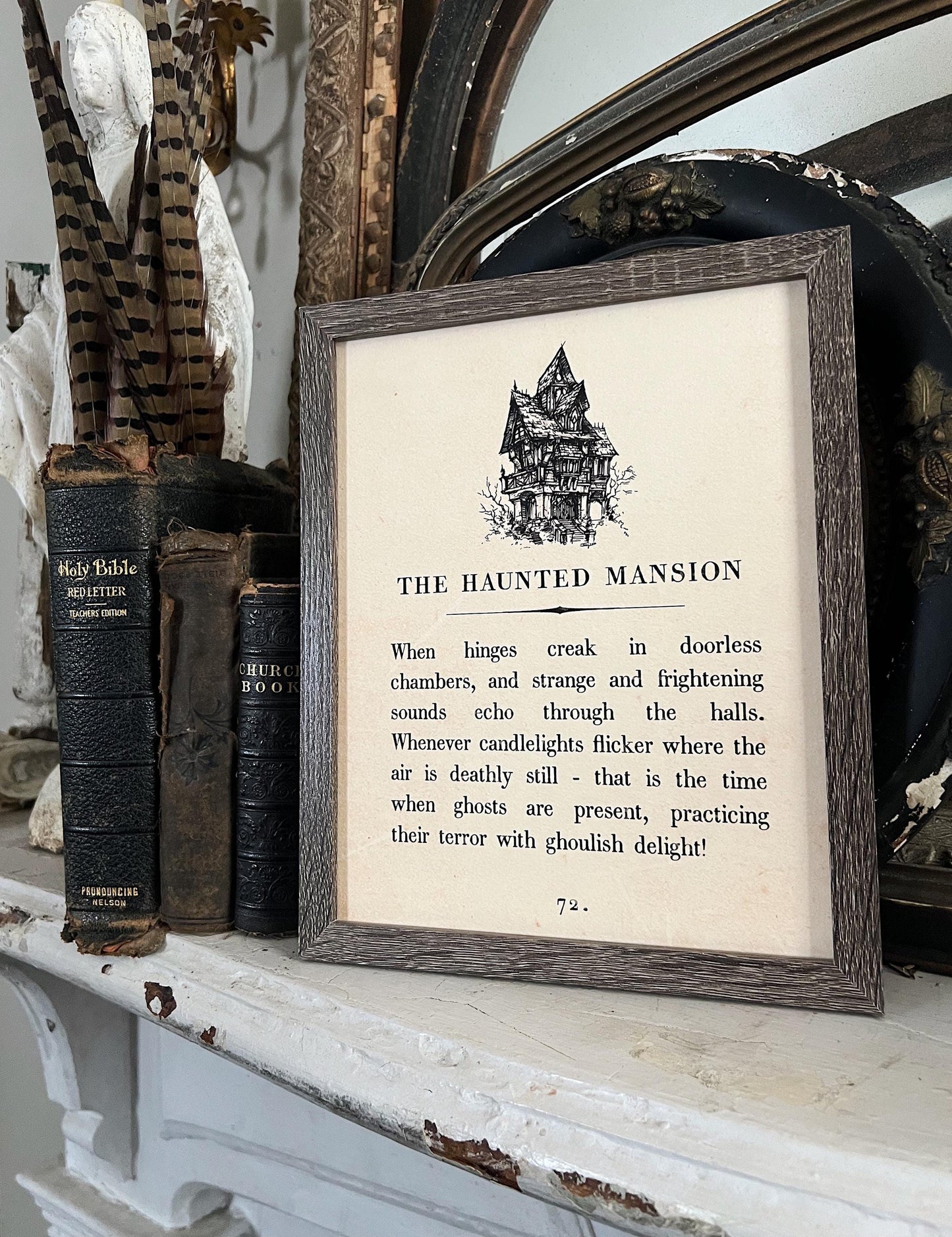 HAUNTED HOUSE MANSION Vintage Halloween Book Page Sign Wood Frame Primitive Fall Decor