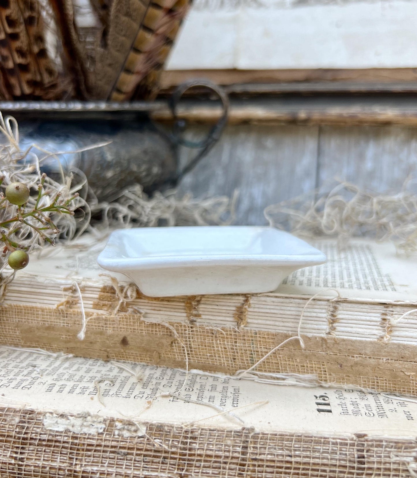 Antique White Ironstone SQUARE Butter Pat Farmhouse Decor Stained Grungy Crazing