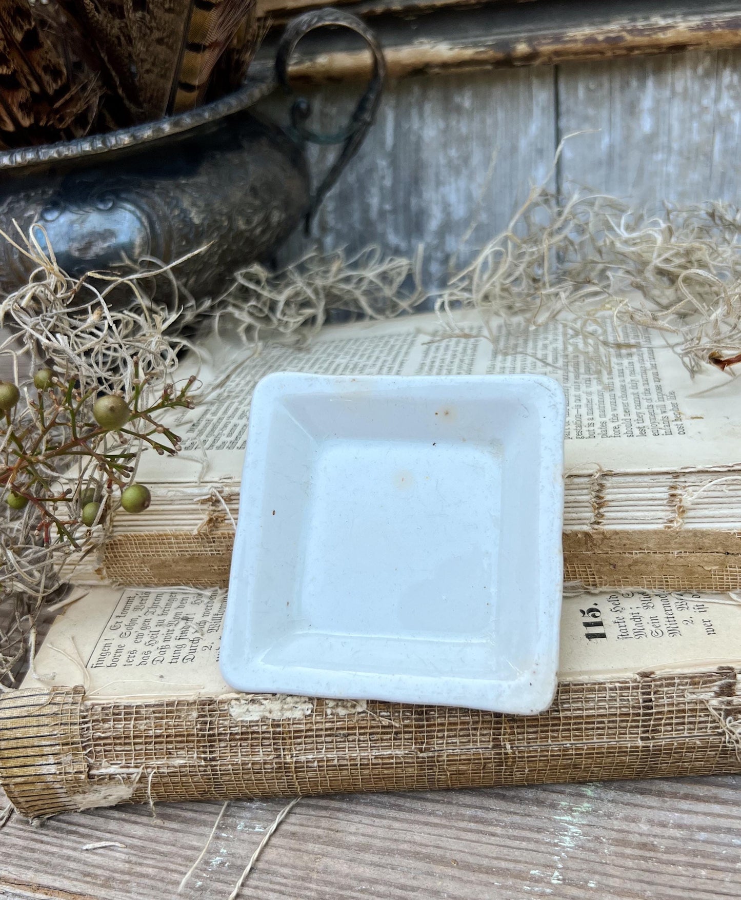 Antique White Ironstone SQUARE Butter Pat Farmhouse Decor Stained Grungy Crazing