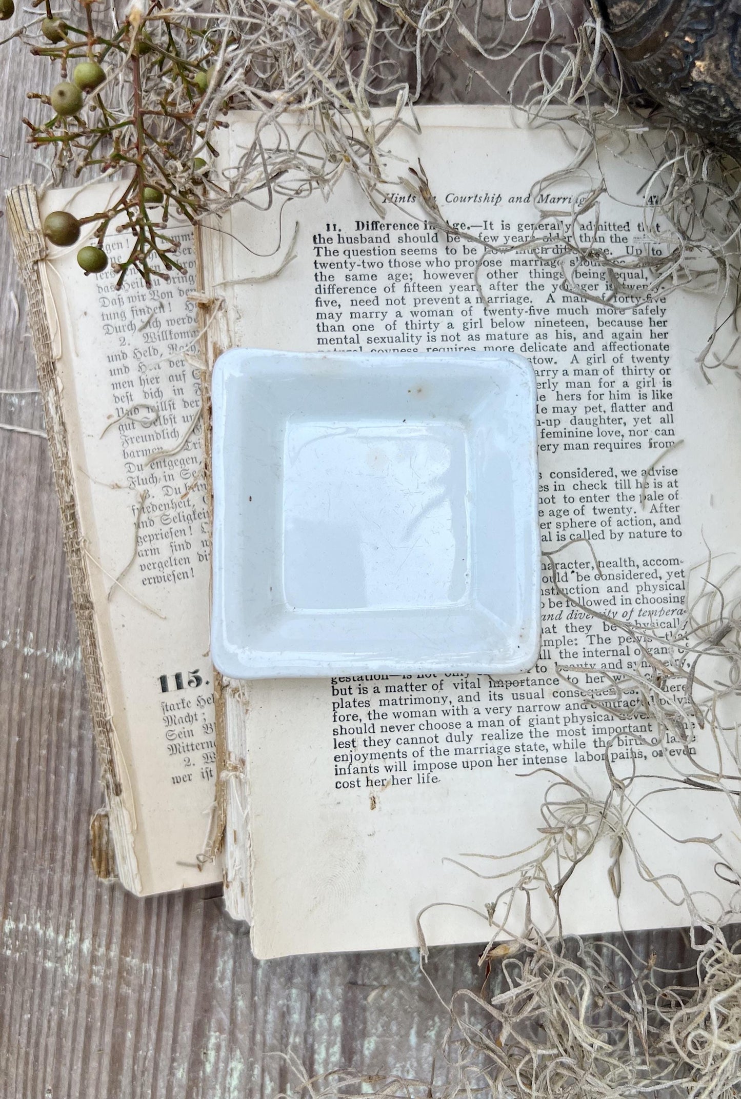 Antique White Ironstone SQUARE Butter Pat Farmhouse Decor Stained Grungy Crazing