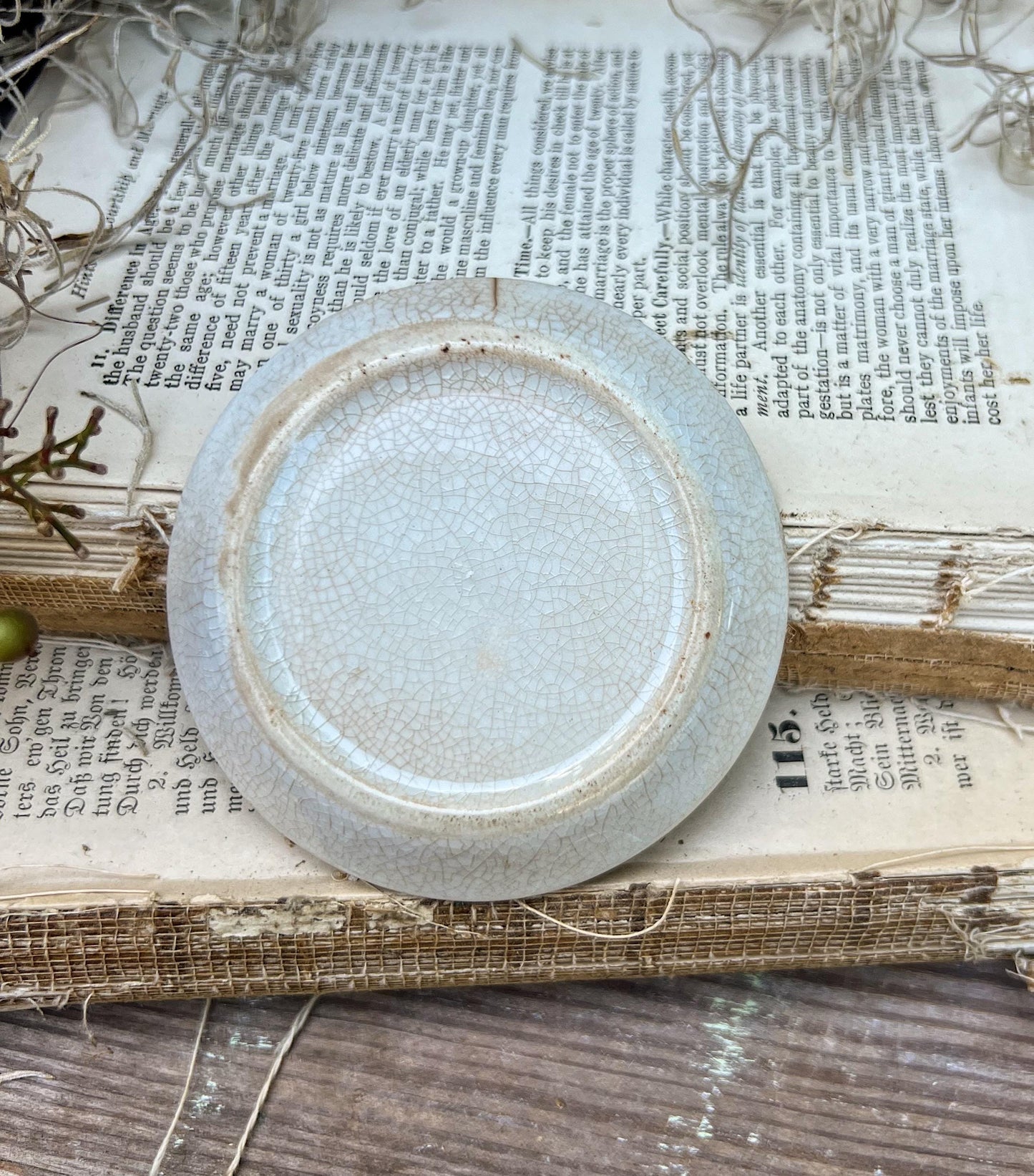Antique Crazed Stained White Ironstone Butter Pat Farmhouse Decor Butter Dish