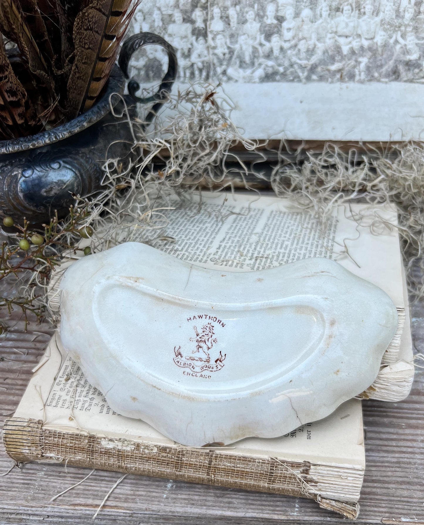 Antique White Ironstone Bone Dish Brown Transferware Soap Dish Scalloped Farmhouse Decor Crazed Stained Hawthorn England