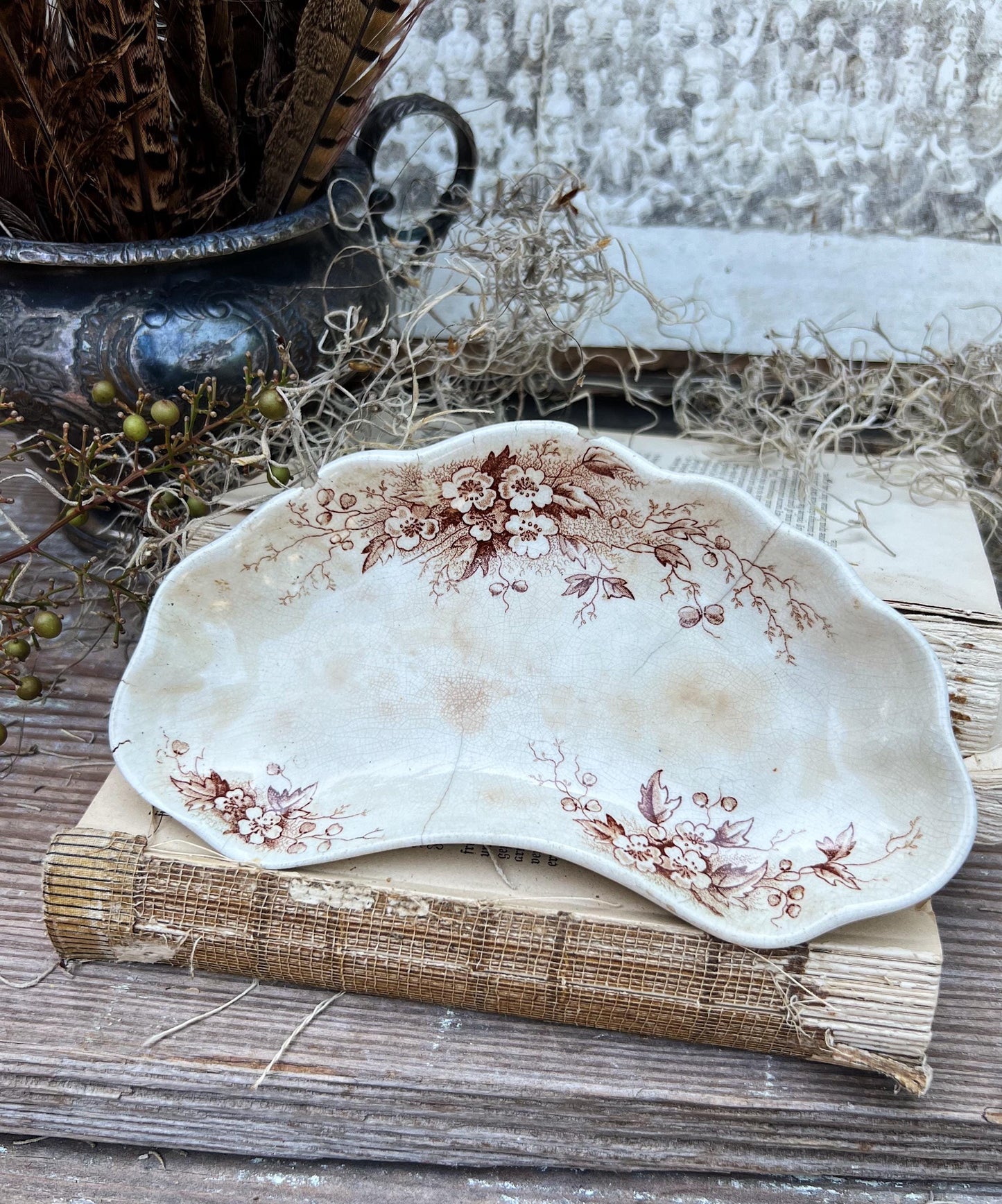 Antique White Ironstone Bone Dish Brown Transferware Soap Dish Scalloped Farmhouse Decor Crazed Stained Hawthorn England