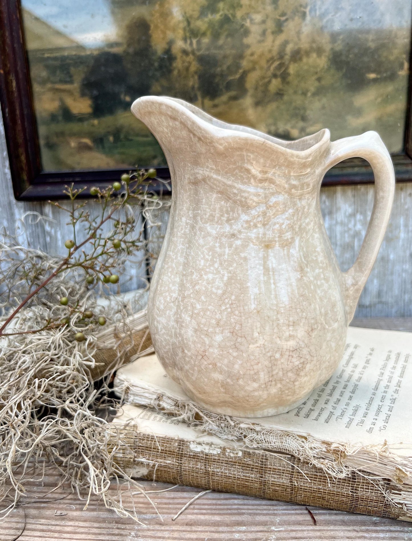Antique White Ironstone PITCHER Jug Creamy White Farmhouse Decor Grungy Crazing Crazed Stained Arthur Wood England Royal