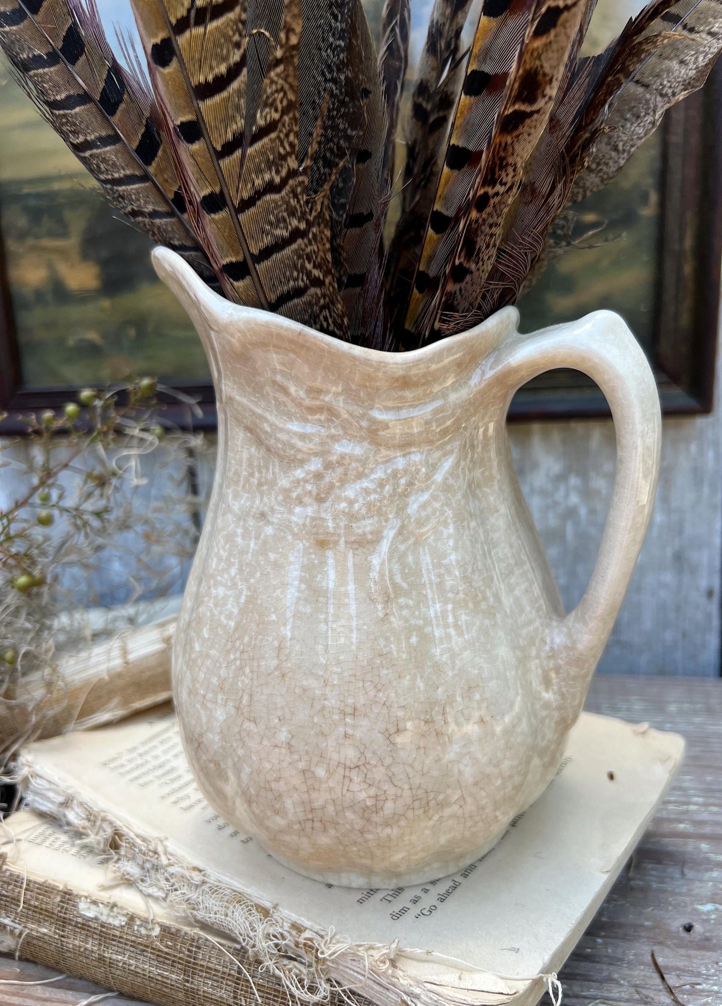 Antique White Ironstone PITCHER Jug Creamy White Farmhouse Decor Grungy Crazing Crazed Stained Arthur Wood England Royal