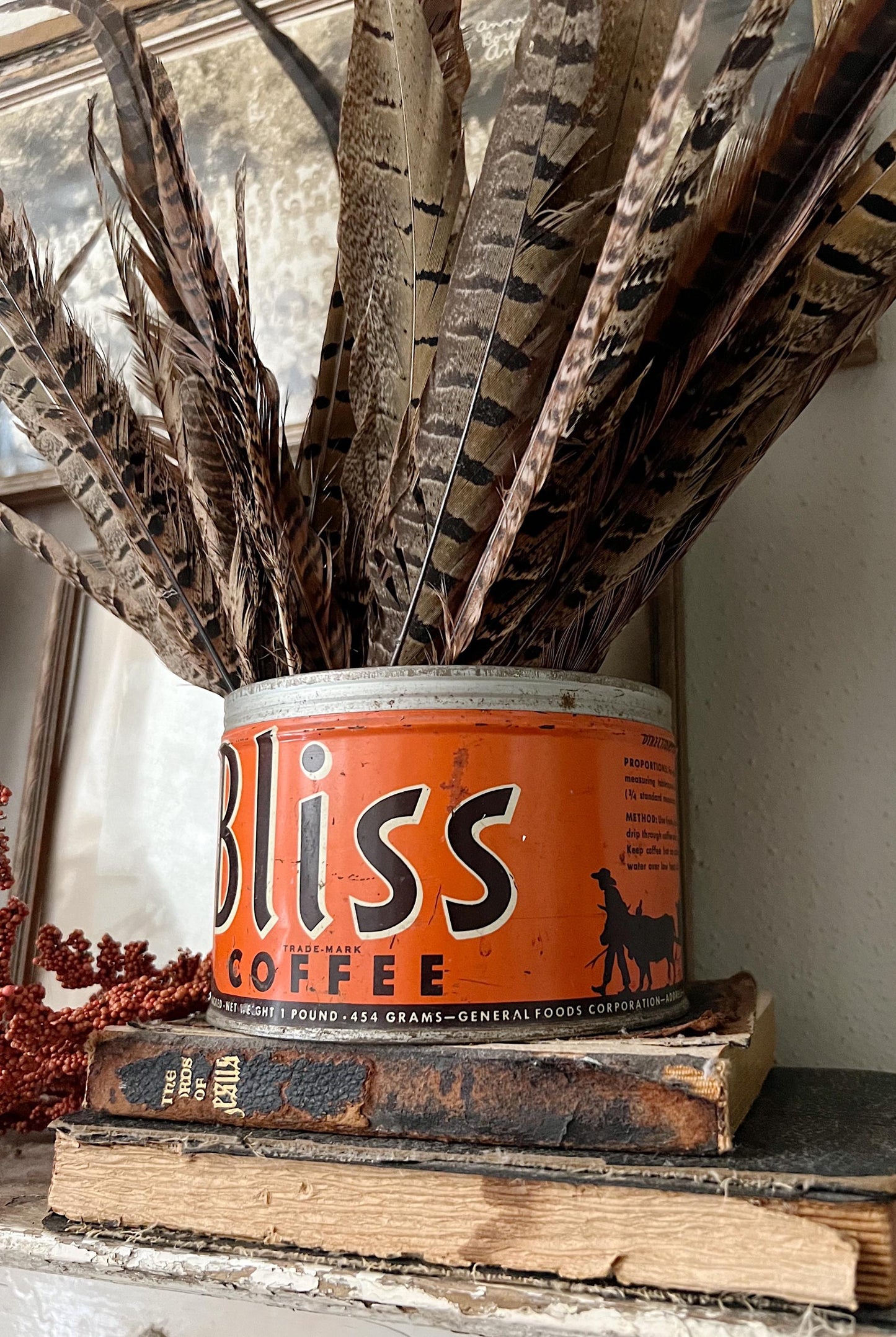 Antique Vintage BLISS Coffee Can Tin Canister Farmhouse Decor Fixer Upper Decor ORANGE Fall Decor Maxwell House Co.
