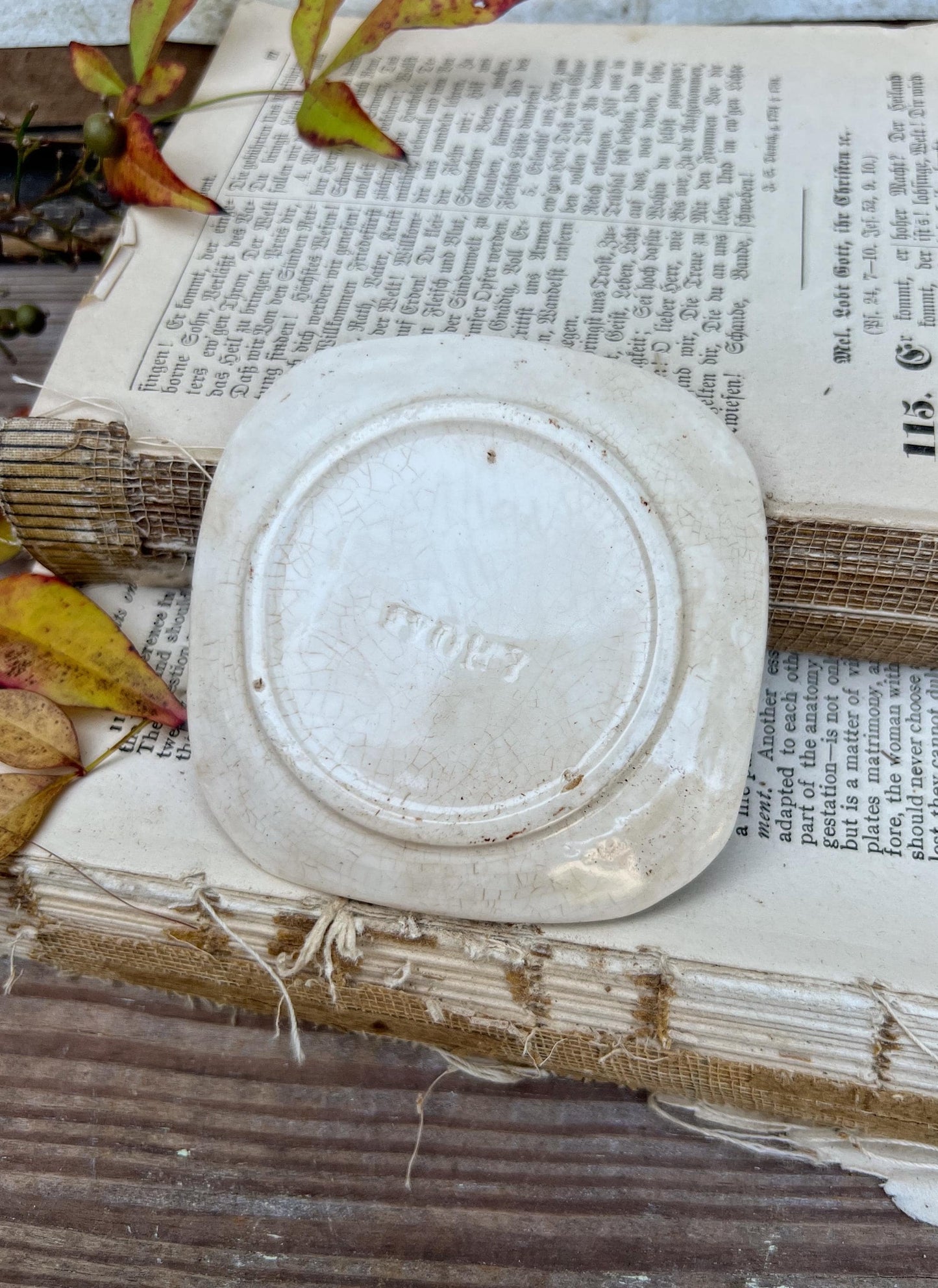 Antique SQUARE White Ironstone Butter Pat BROWN Transferware Floral Farmhouse Decor IVORY