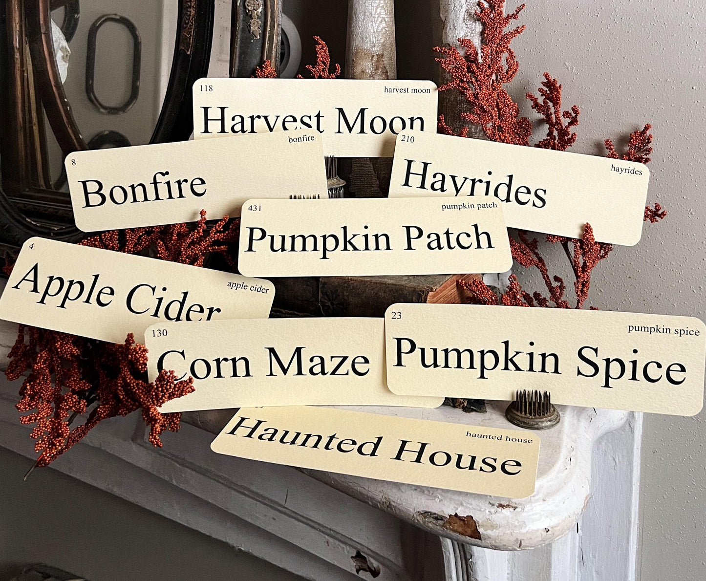 FALL FESTIVAL Flash Cards LARGE Vintage Inspired Word Flashcard Set Of 8 Farmhouse Decor Corn Maze Hayrides Pumpkin Patch Haunted House