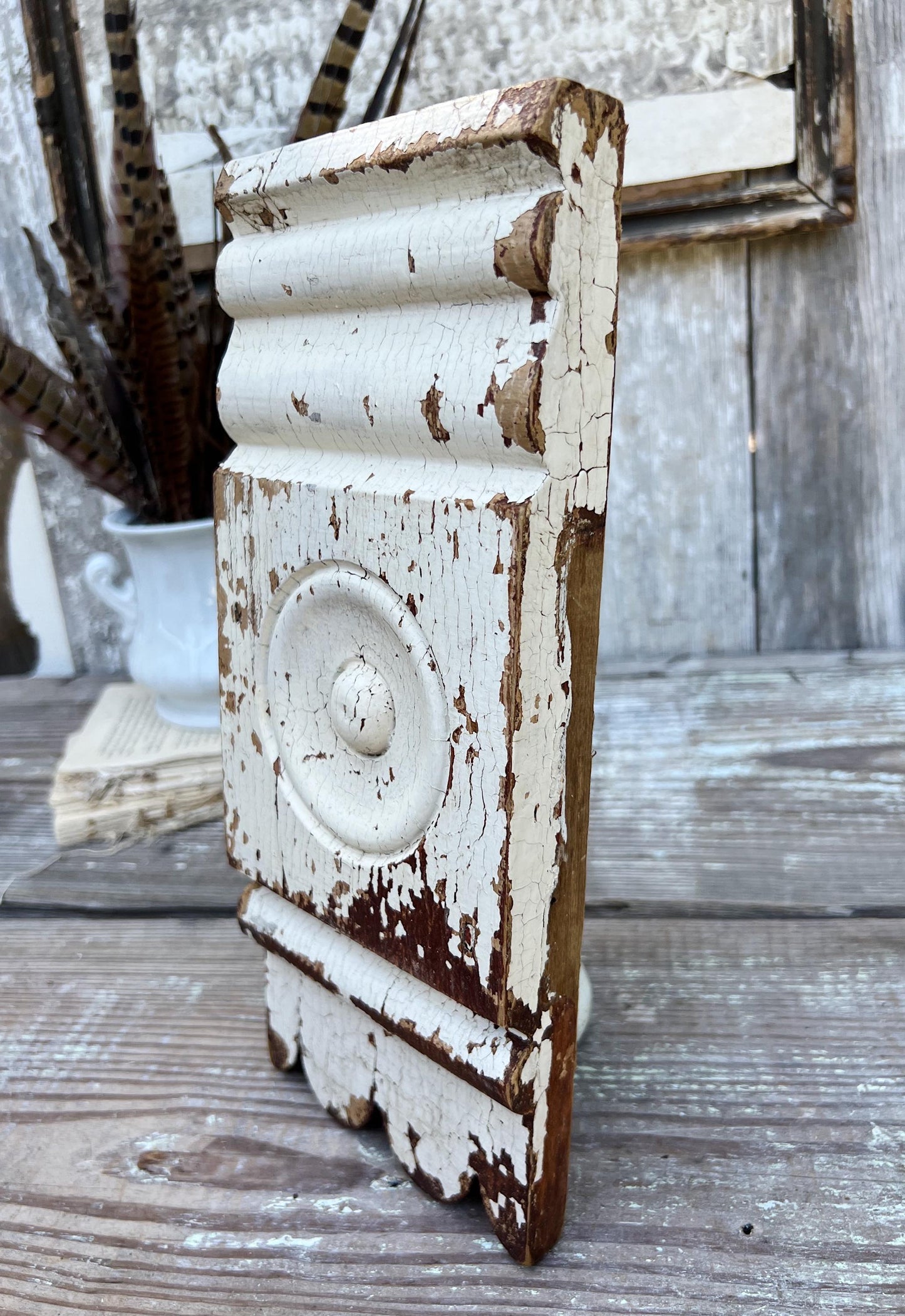 Antique EASTLAKE Plith CHIPPY WHITE Salvaged Pediment Architectural Wood Accent Trim Detail Reclaimed Farmhouse Rustic Decor