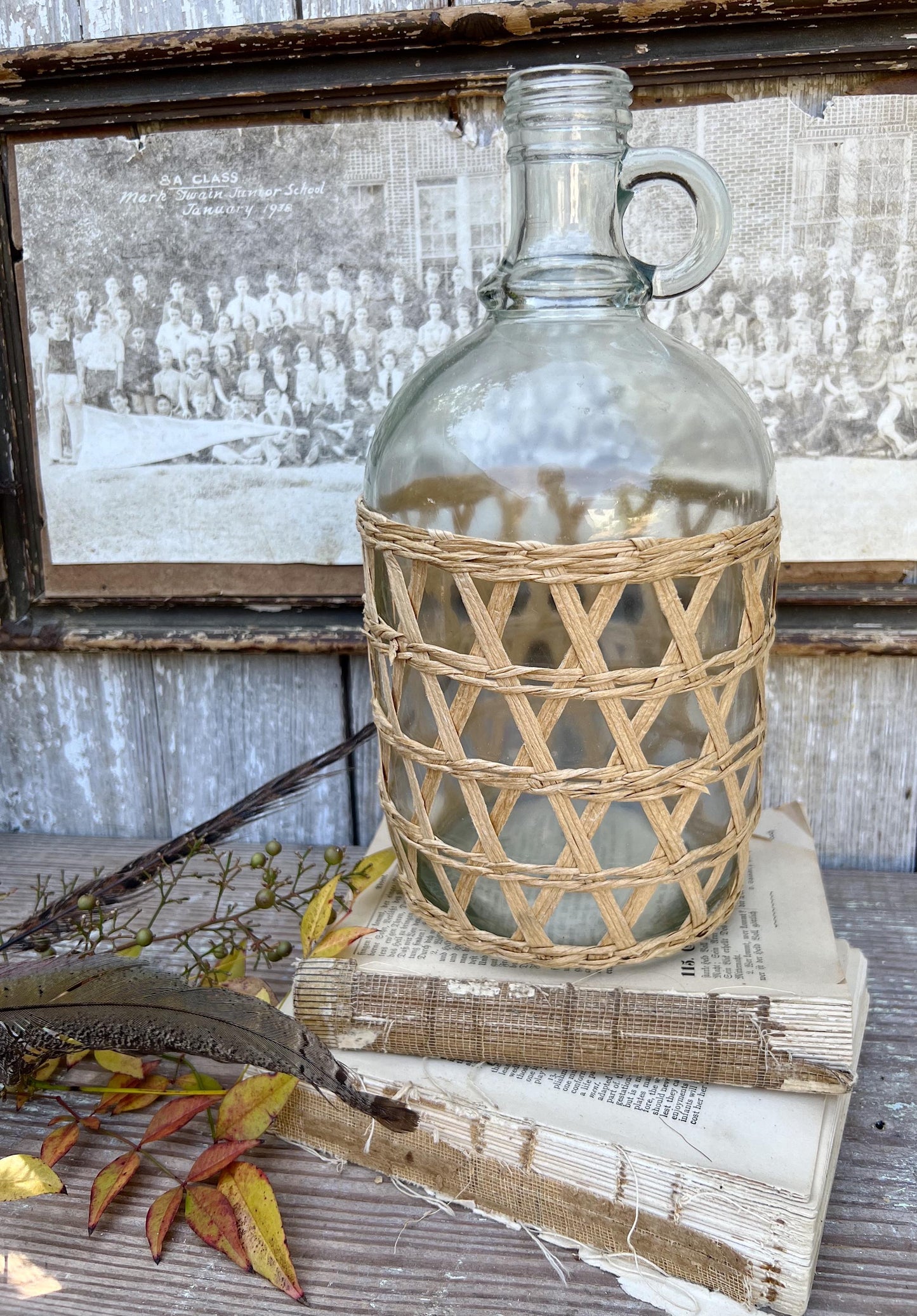 Antique Glass Demi John Bottle WICKER Light Brown Handle Farmhouse French Decor Jug