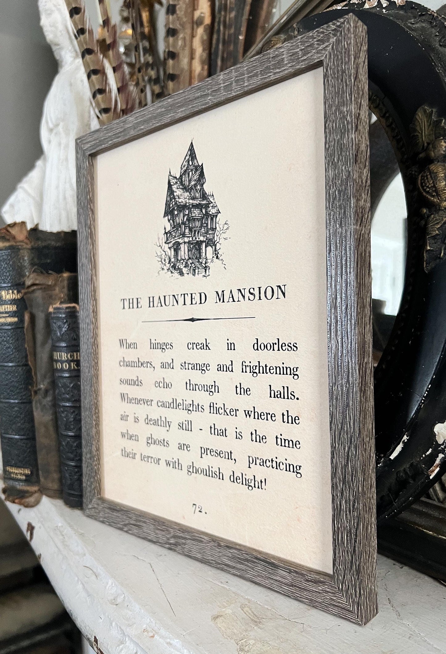 HAUNTED HOUSE MANSION Vintage Halloween Book Page Sign Wood Frame Primitive Fall Decor