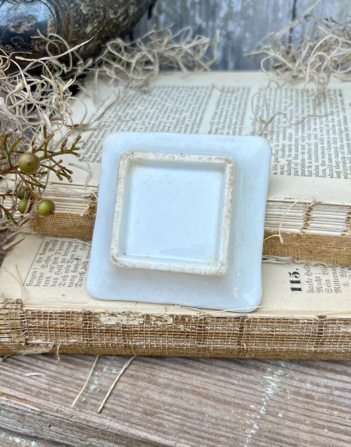 Antique White Ironstone SQUARE Butter Pat Farmhouse Decor Stained Grungy Crazing