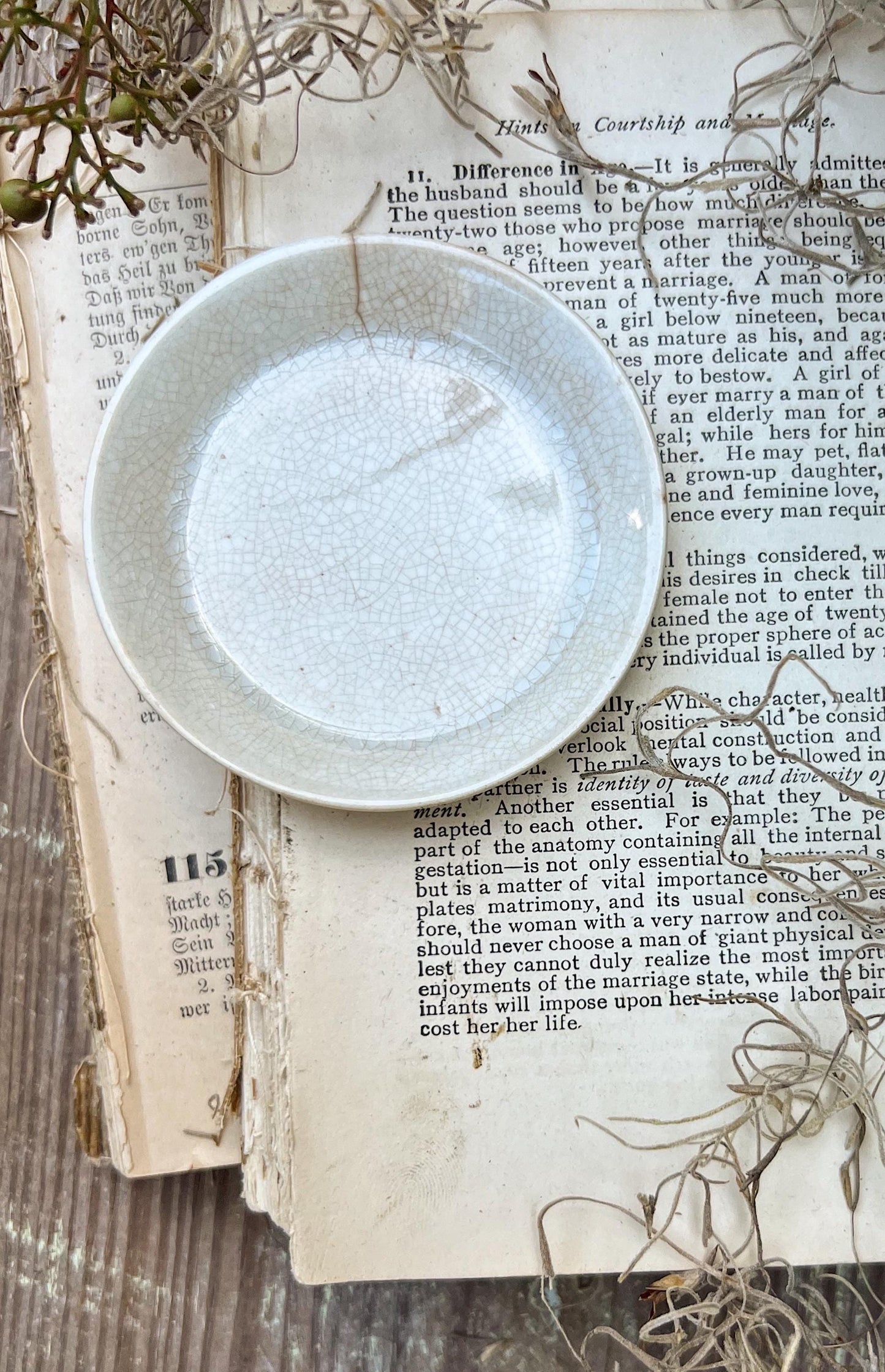 Antique Crazed Stained White Ironstone Butter Pat Farmhouse Decor Butter Dish
