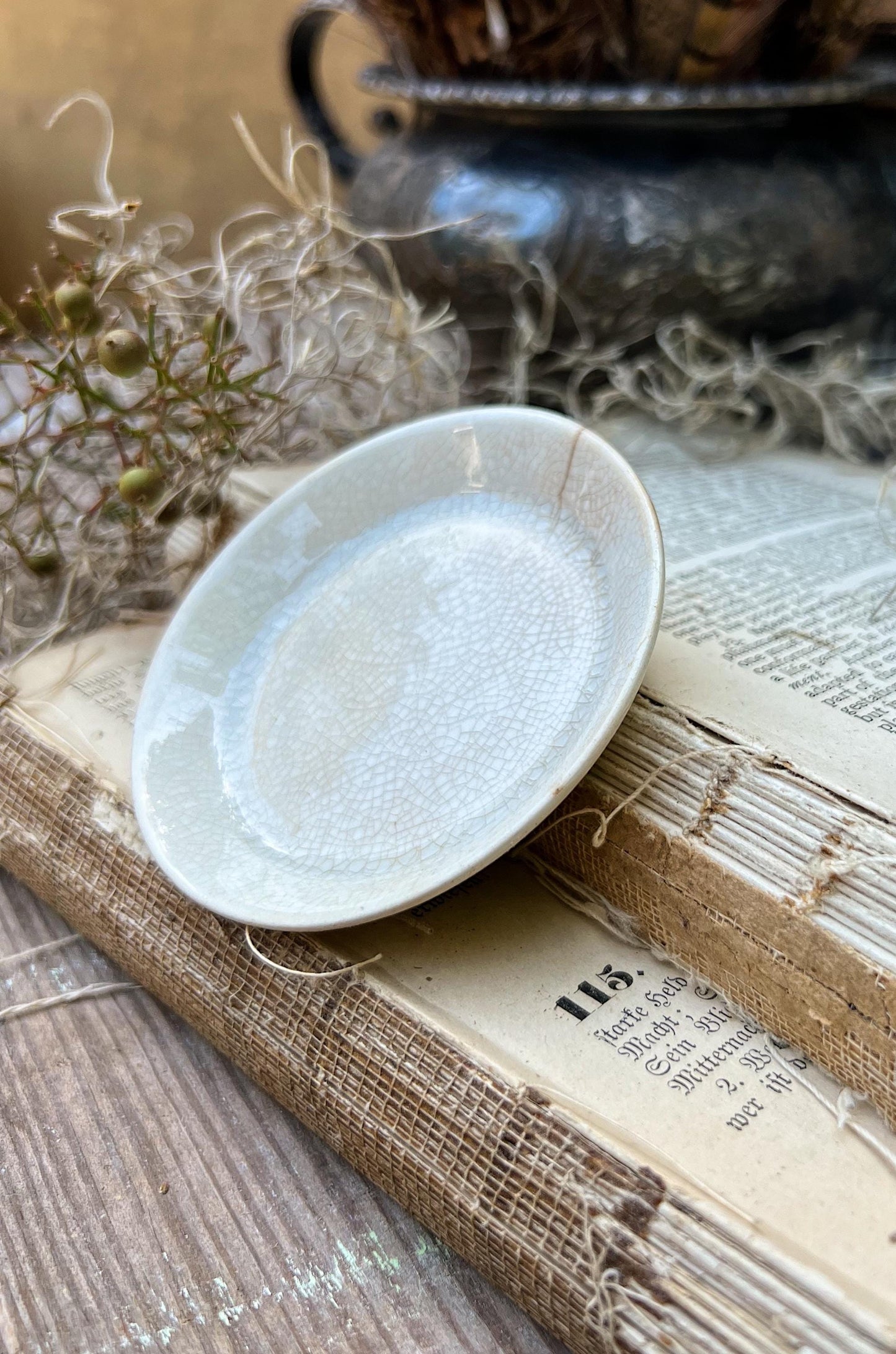 Antique Crazed Stained White Ironstone Butter Pat Farmhouse Decor Butter Dish