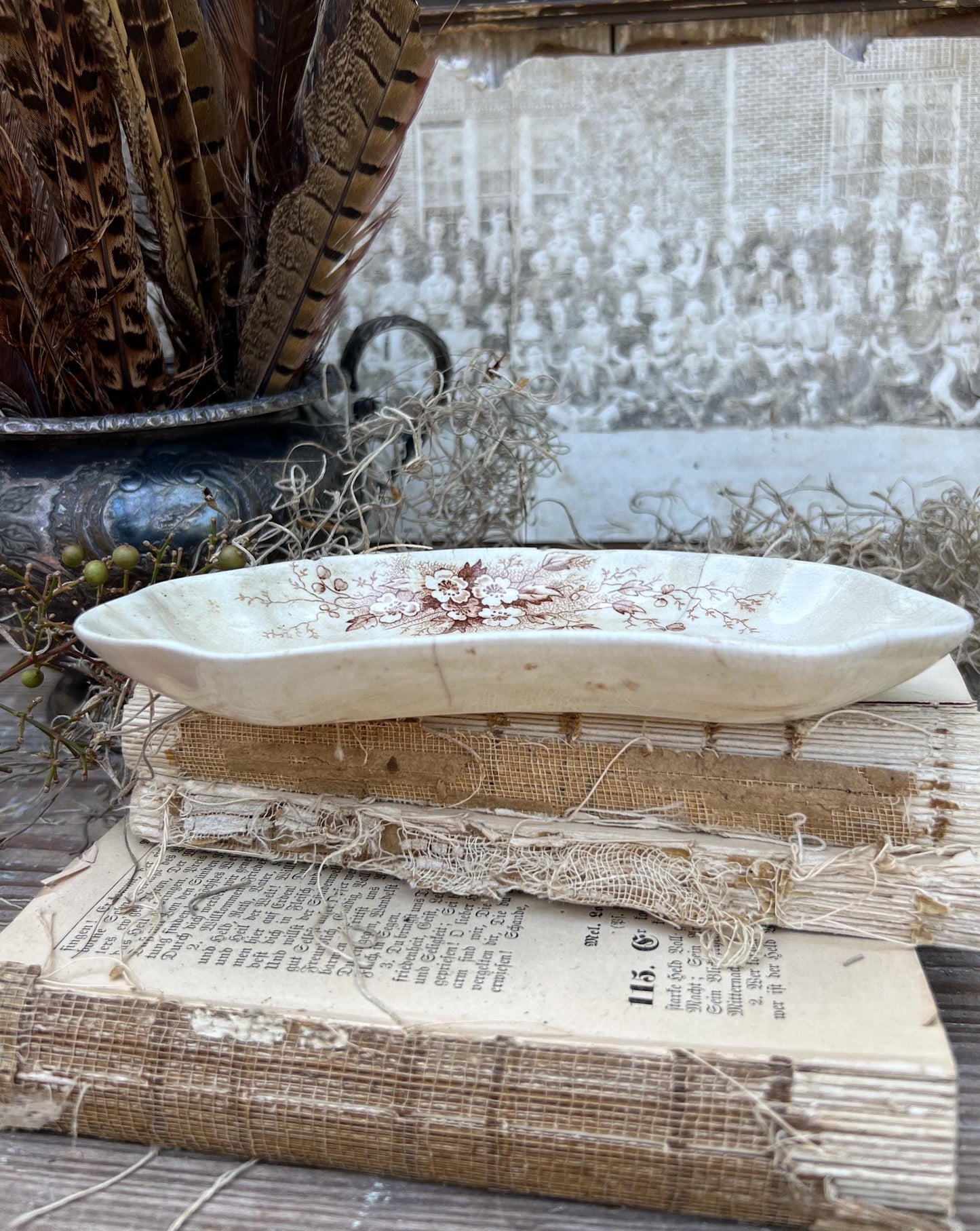 Antique White Ironstone Bone Dish Brown Transferware Soap Dish Scalloped Farmhouse Decor Crazed Stained Hawthorn England