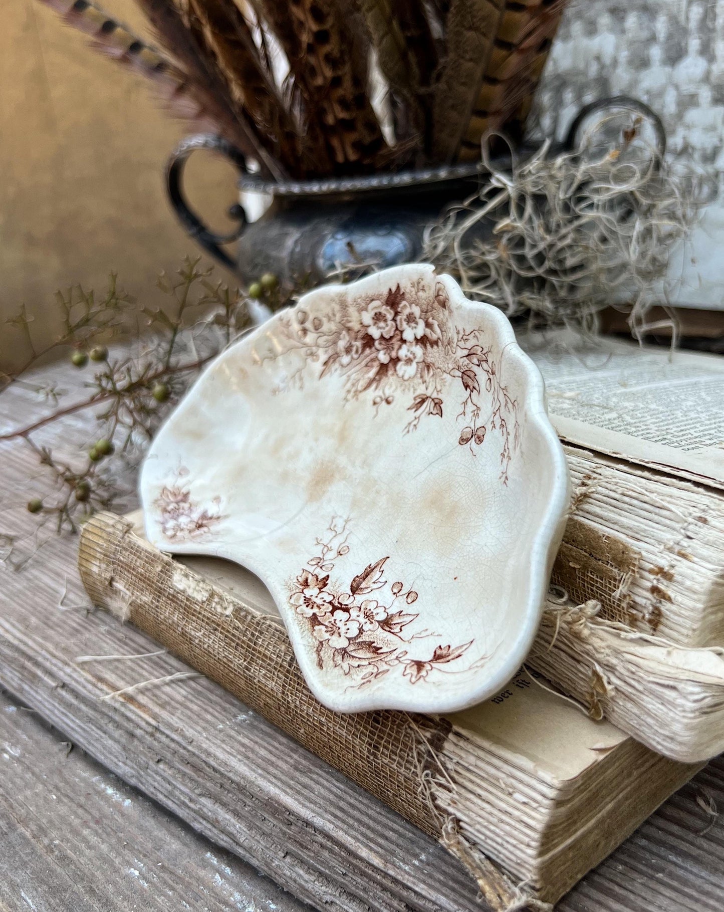 Antique White Ironstone Bone Dish Brown Transferware Soap Dish Scalloped Farmhouse Decor Crazed Stained Hawthorn England