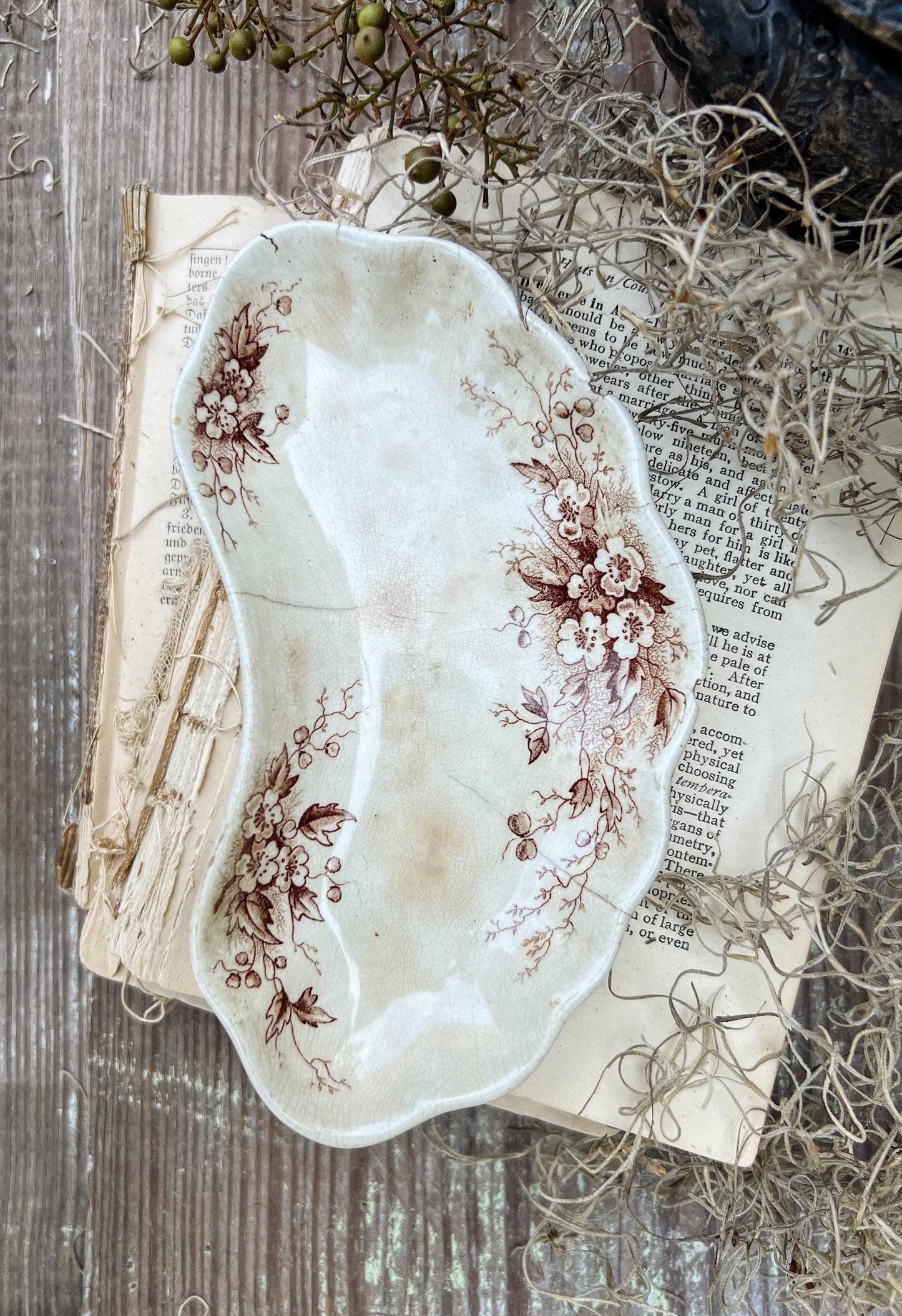 Antique White Ironstone Bone Dish Brown Transferware Soap Dish Scalloped Farmhouse Decor Crazed Stained Hawthorn England