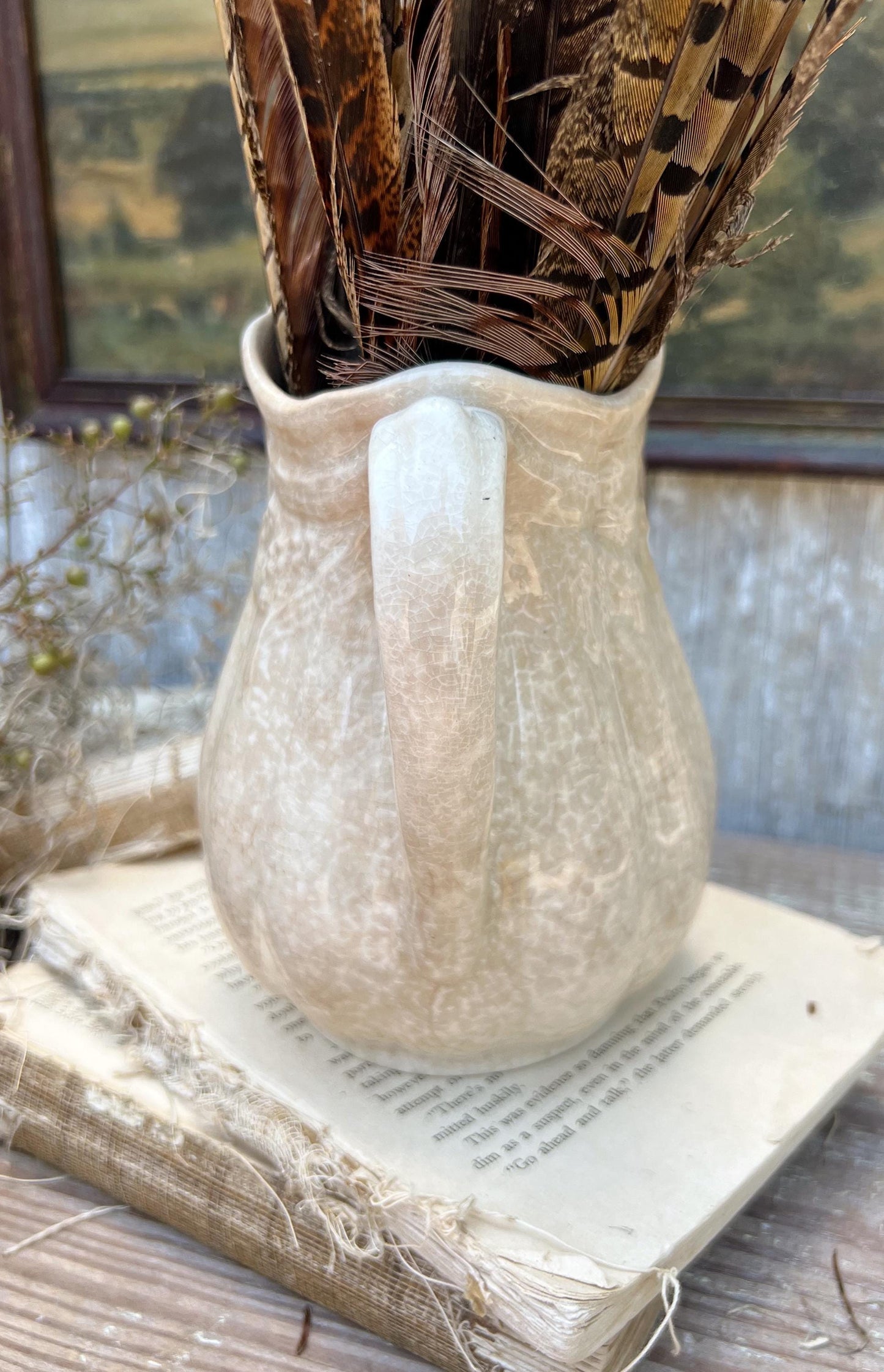 Antique White Ironstone PITCHER Jug Creamy White Farmhouse Decor Grungy Crazing Crazed Stained Arthur Wood England Royal