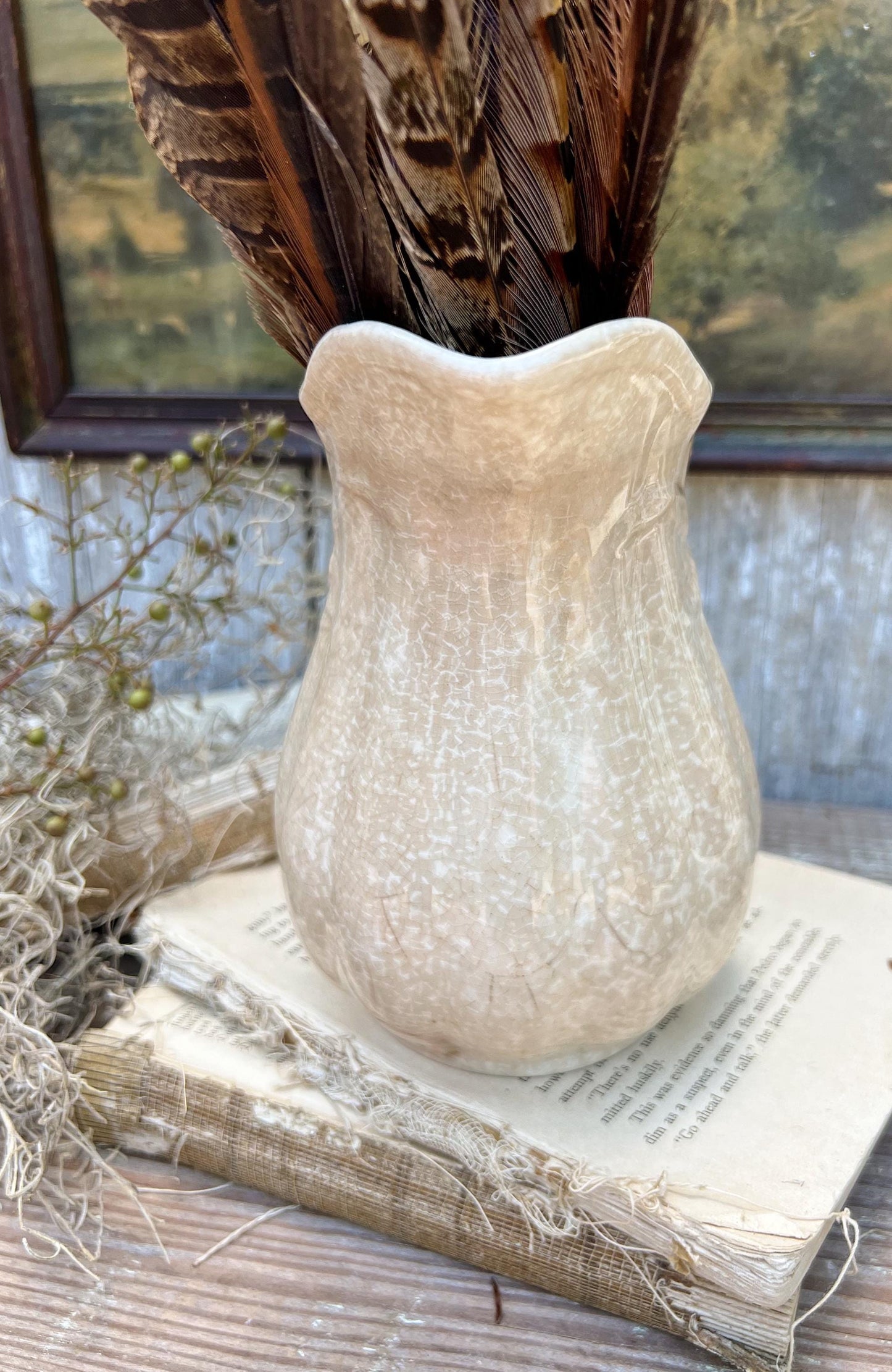 Antique White Ironstone PITCHER Jug Creamy White Farmhouse Decor Grungy Crazing Crazed Stained Arthur Wood England Royal