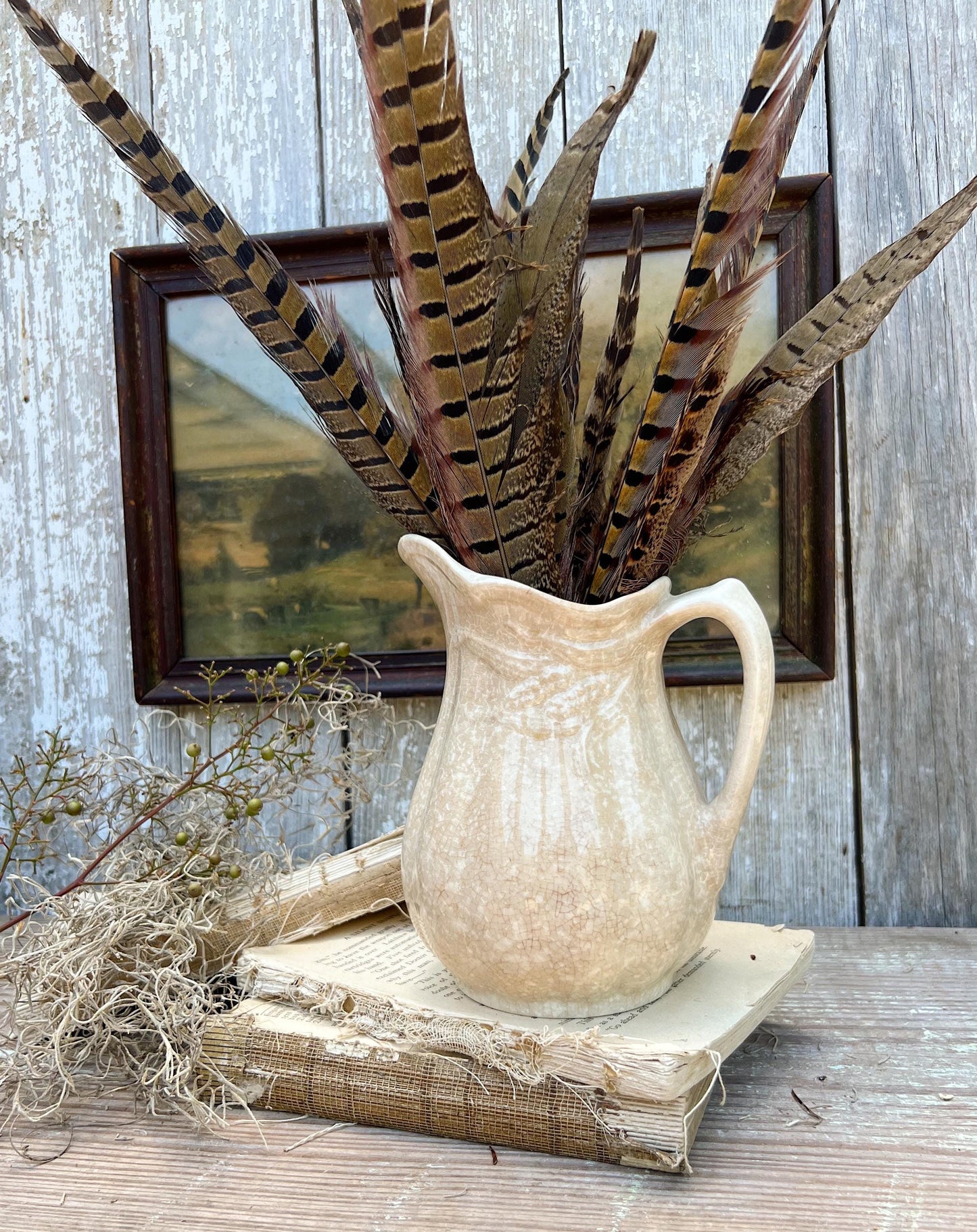 Antique White Ironstone PITCHER Jug Creamy White Farmhouse Decor Grungy Crazing Crazed Stained Arthur Wood England Royal