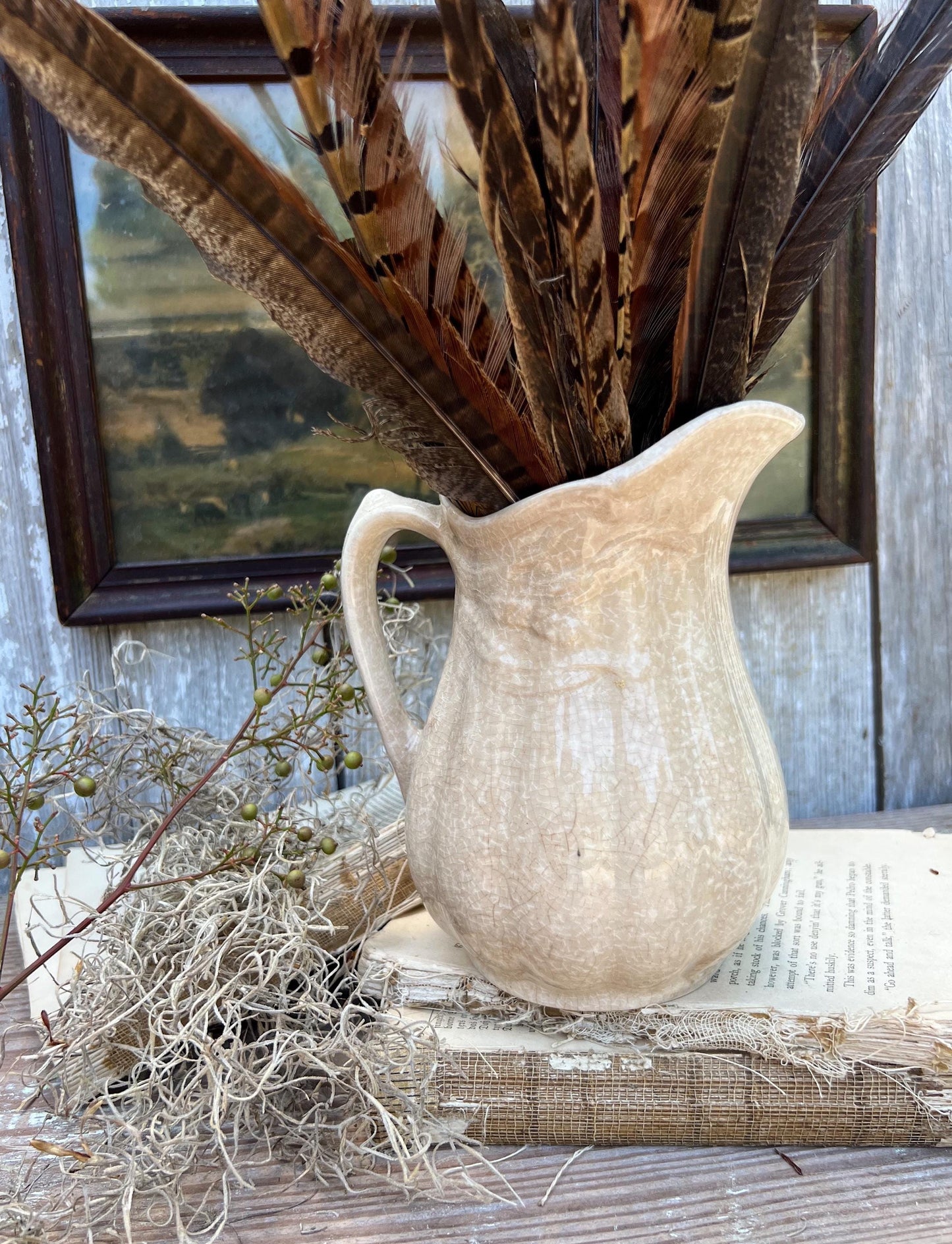 Antique White Ironstone PITCHER Jug Creamy White Farmhouse Decor Grungy Crazing Crazed Stained Arthur Wood England Royal