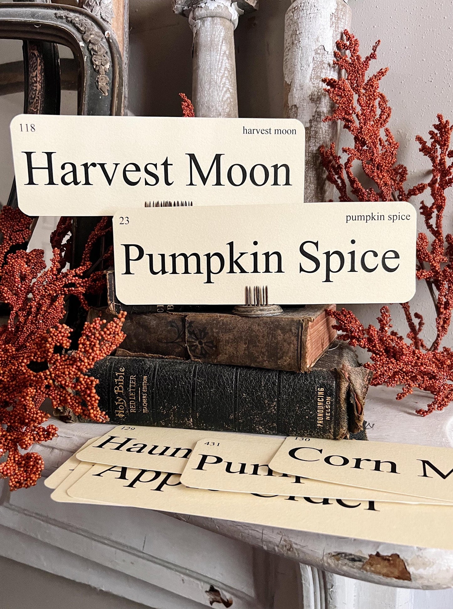 FALL FESTIVAL Flash Cards LARGE Vintage Inspired Word Flashcard Set Of 8 Farmhouse Decor Corn Maze Hayrides Pumpkin Patch Haunted House