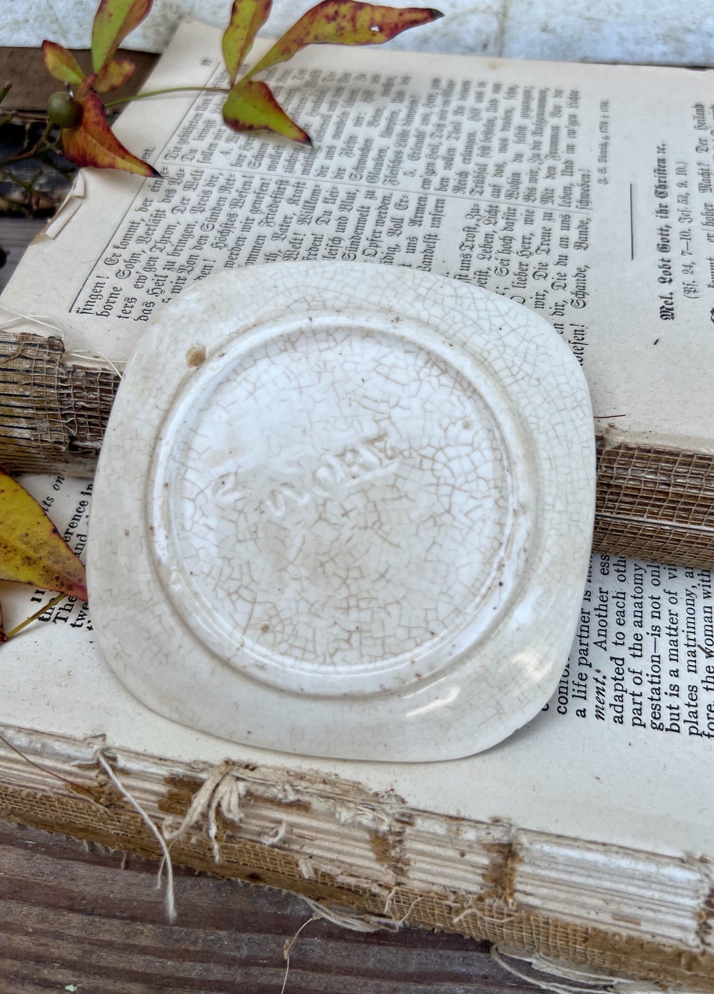 Antique SQUARE White Ironstone Butter Pat BROWN Transferware Floral Farmhouse Decor IVORY