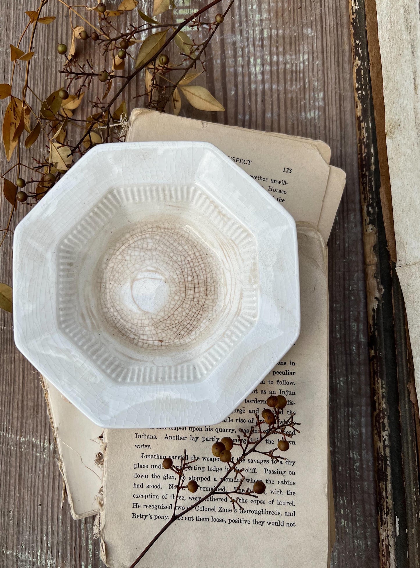 Vintage White Ironstone Bowl INDEPENDENCE Crazed Stained