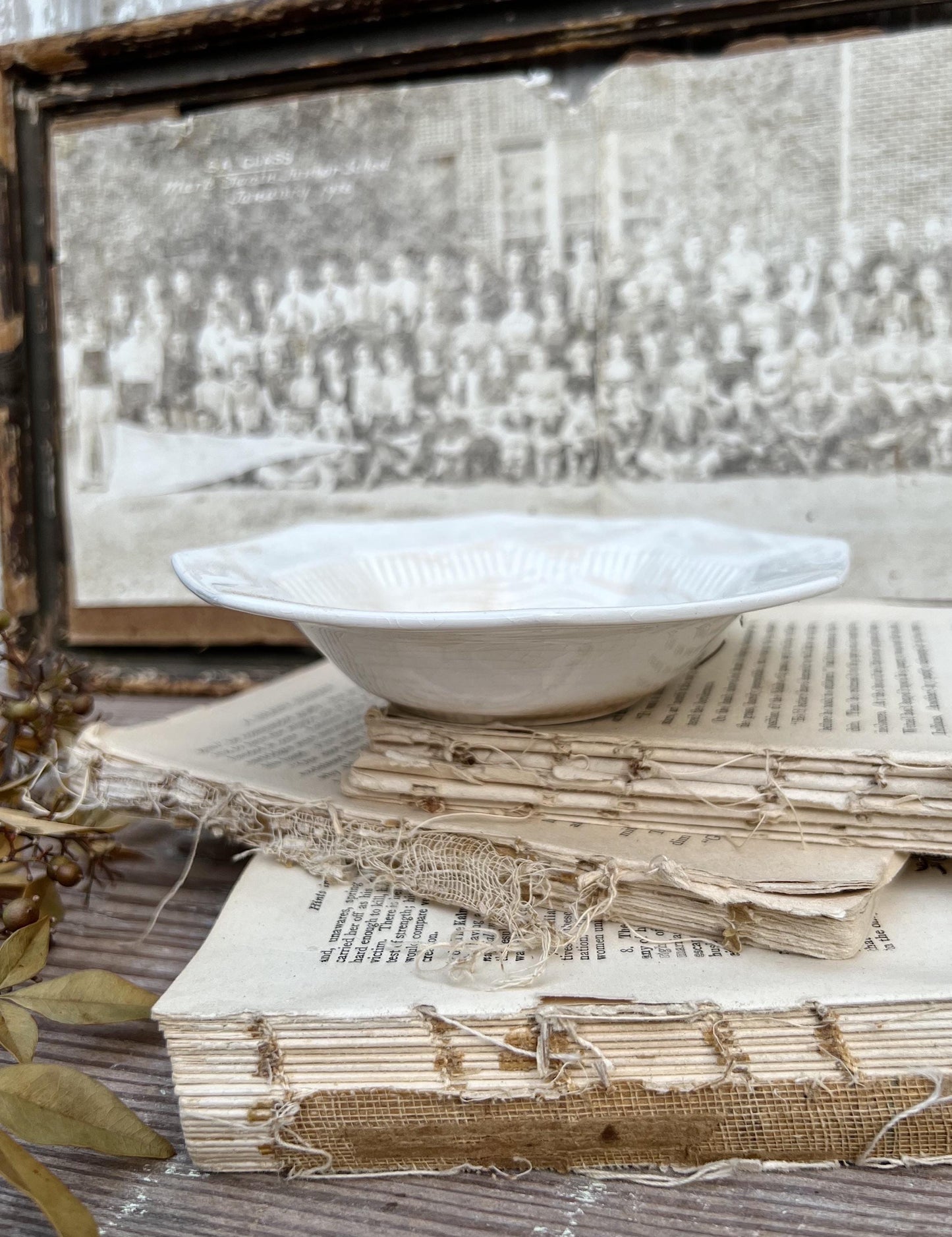 Vintage White Ironstone Bowl INDEPENDENCE Crazed Stained