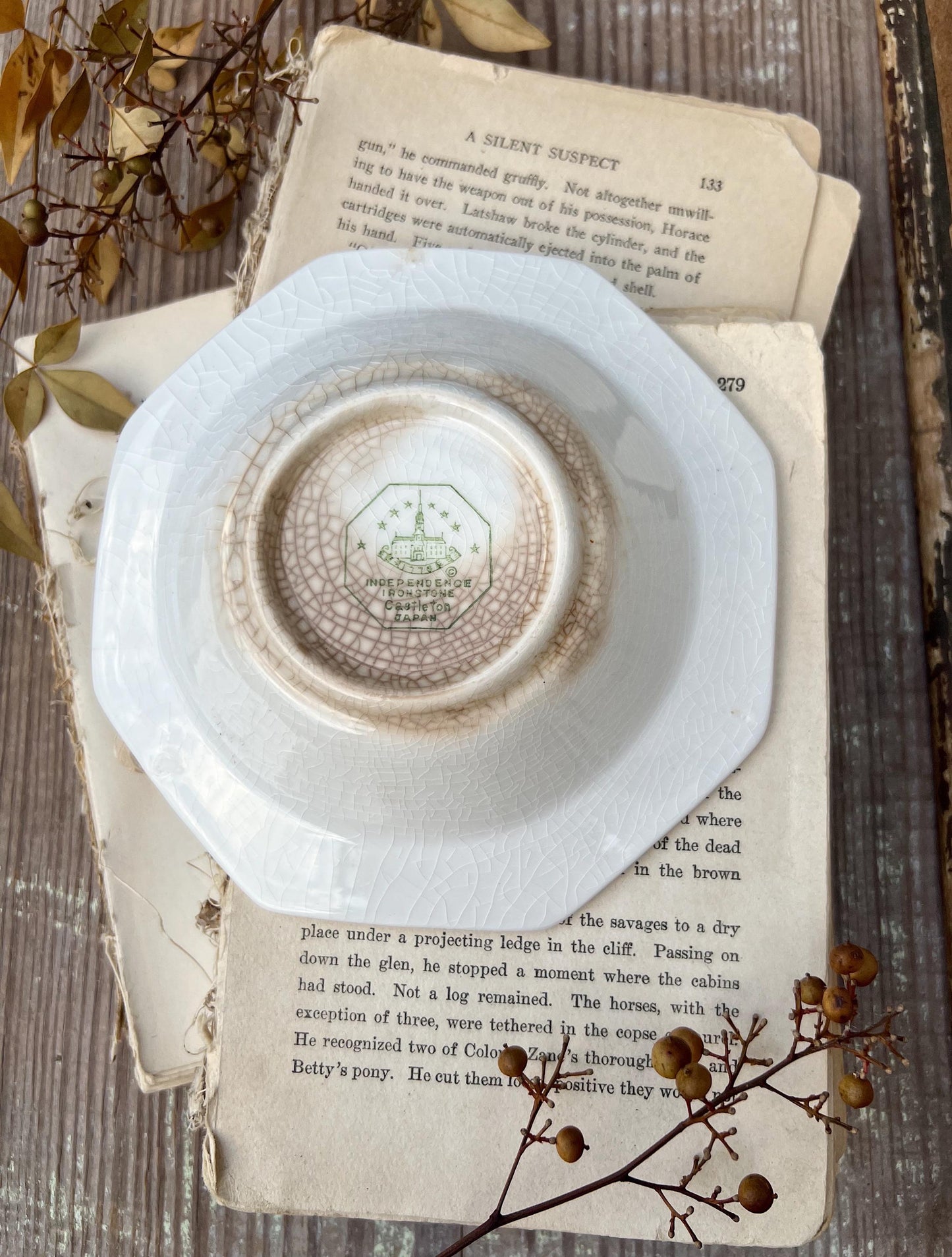 Vintage White Ironstone Bowl INDEPENDENCE Crazed Stained