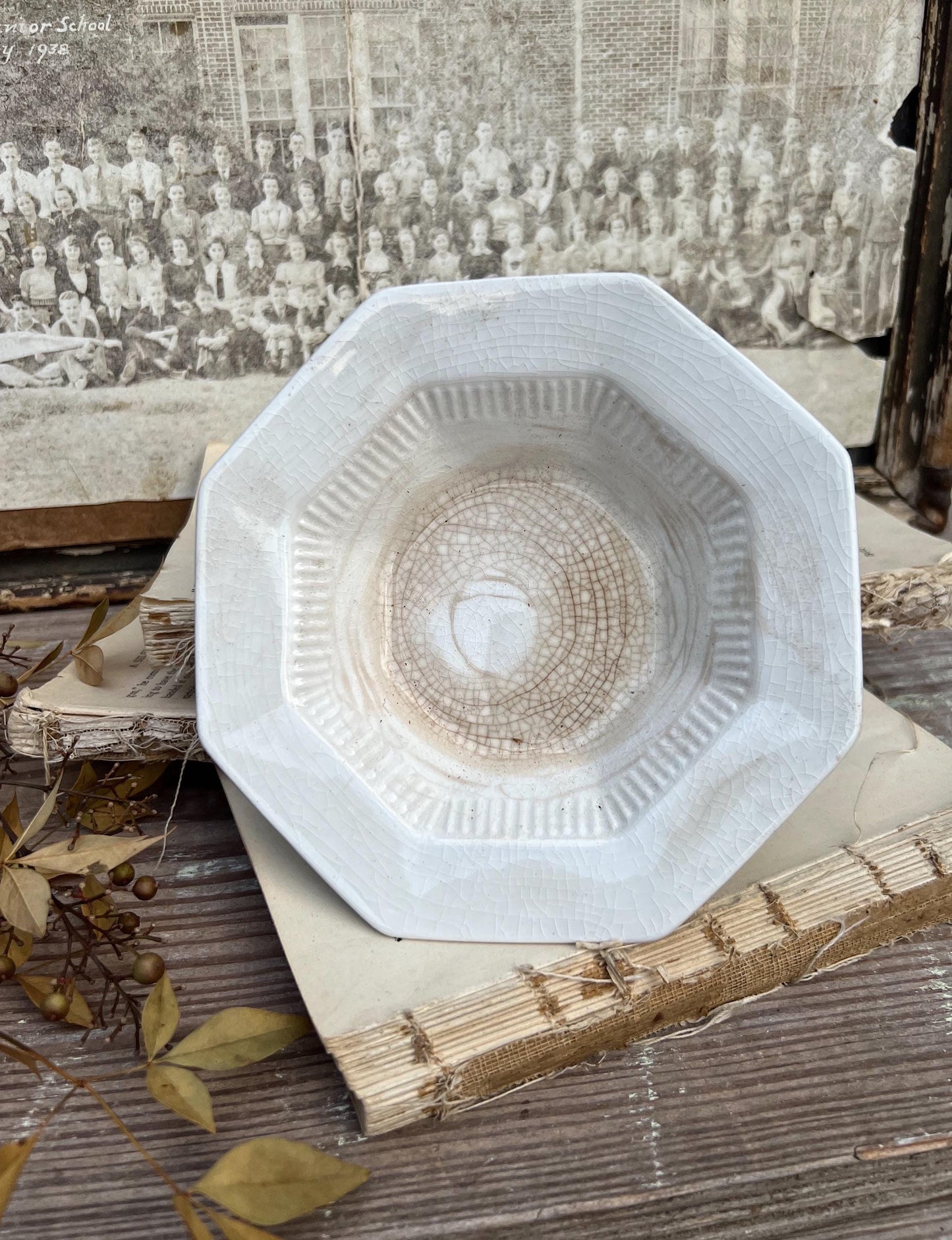 Vintage White Ironstone Bowl INDEPENDENCE Crazed Stained