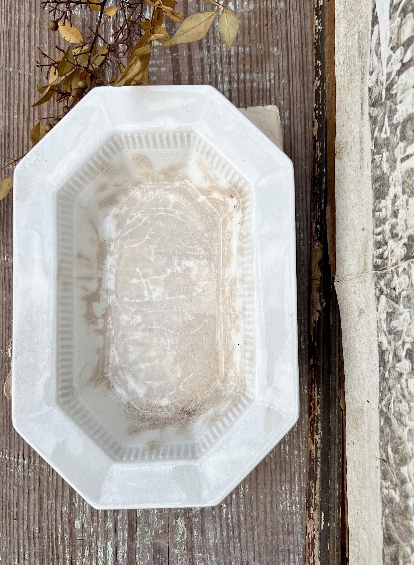 Vintage White Ironstone Divided Oval Bowl Serving Dish INDEPENDENCE Farmhouse Decor GRUNGY Crazing Stained