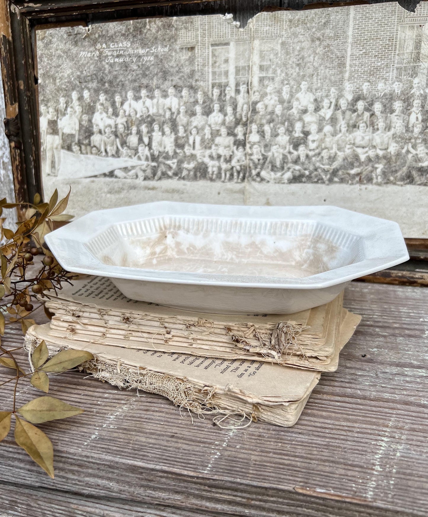 Vintage White Ironstone Divided Oval Bowl Serving Dish INDEPENDENCE Farmhouse Decor GRUNGY Crazing Stained